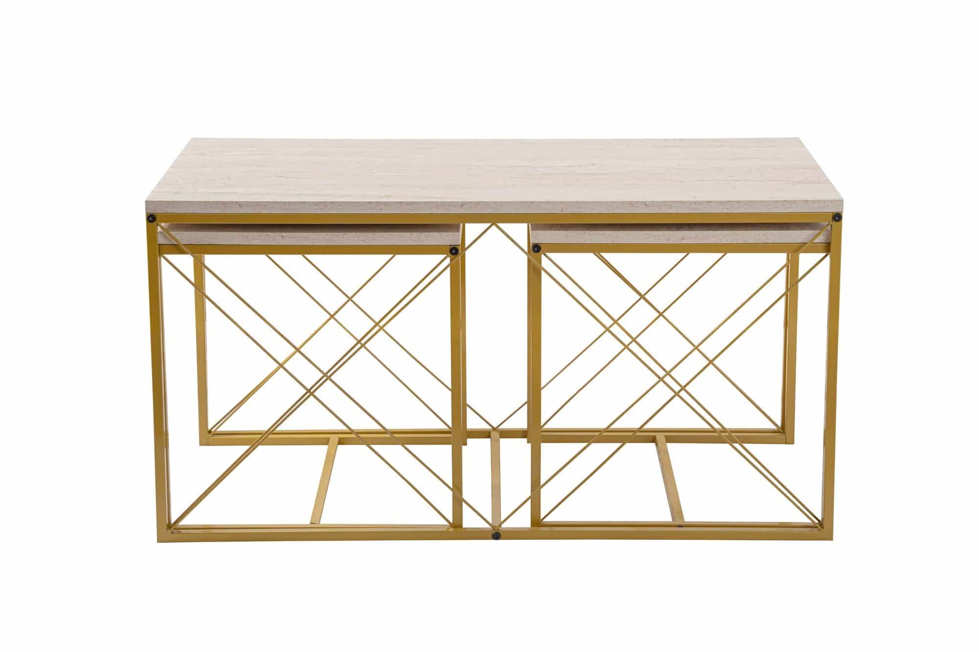 Defne - Gold, Travertine - Couchtisch Set