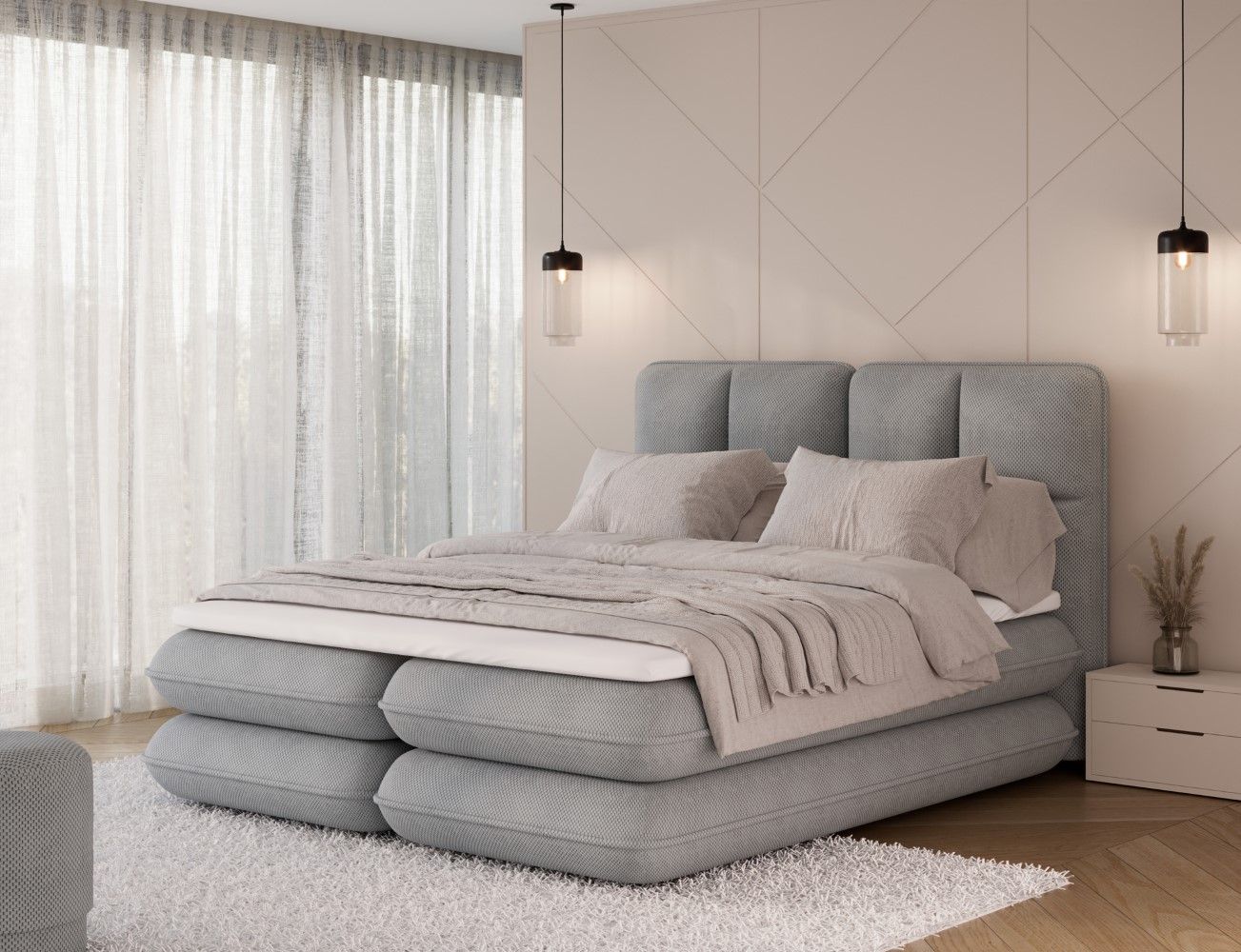 Boxspringbett Tonila Calmora Mikrofaser Grau mit Bettkasten | Topper 