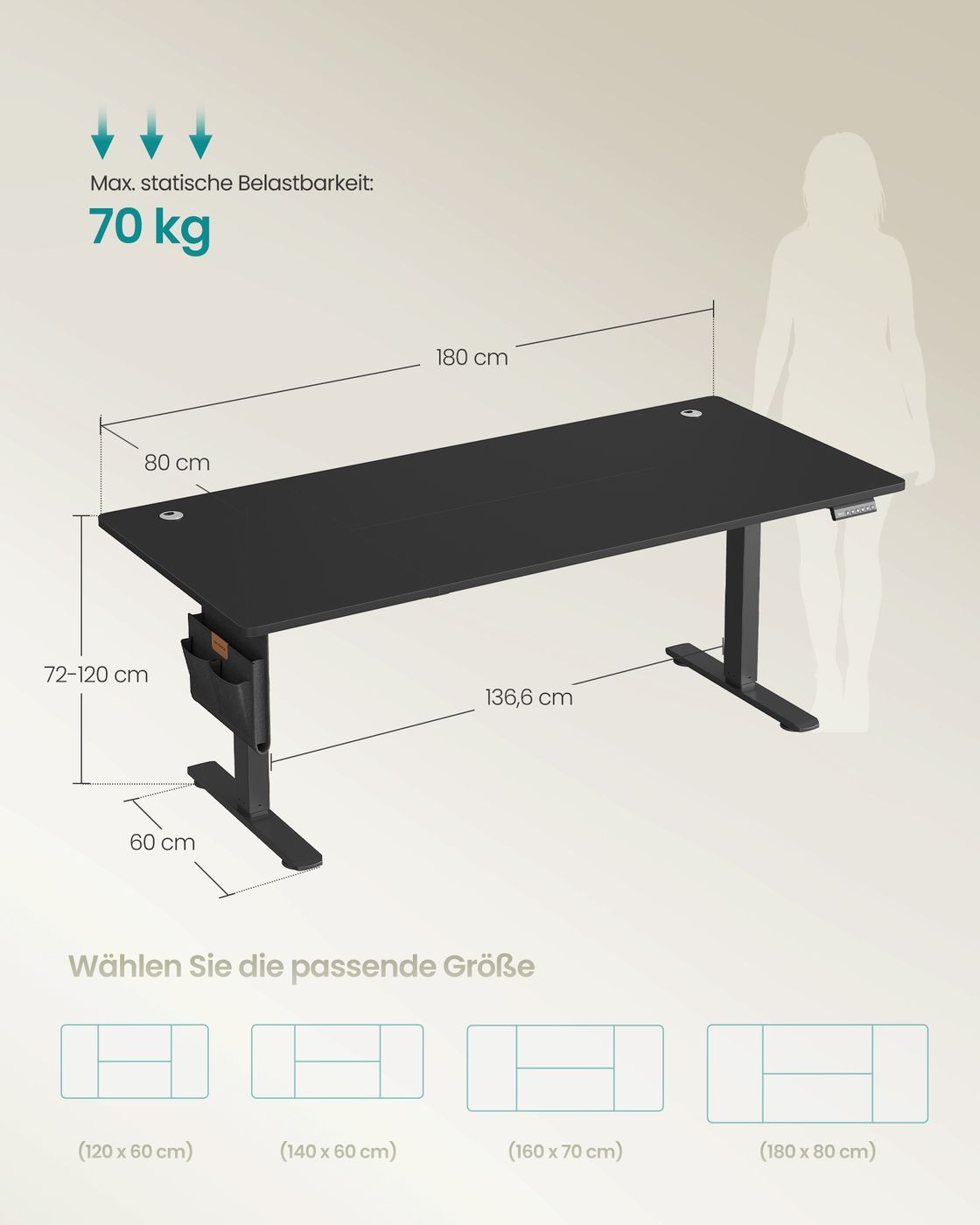 Höhenverstellbarer Schreibtisch elektrisch 180 x 80 cm tintenschwarz