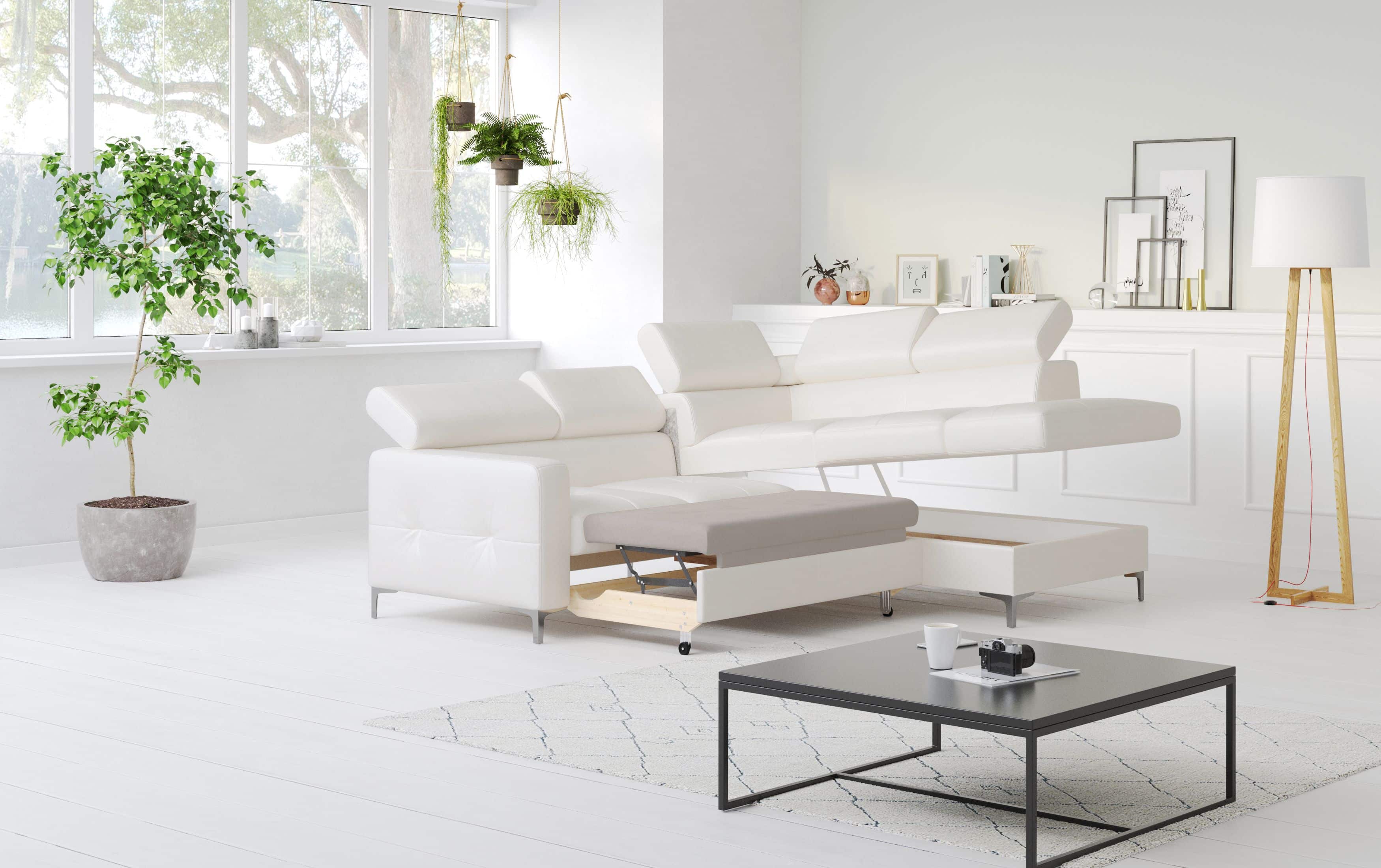 Echtleder Ecksofa Sammy mit Schlaffunktion & Bettkasten - Cotta