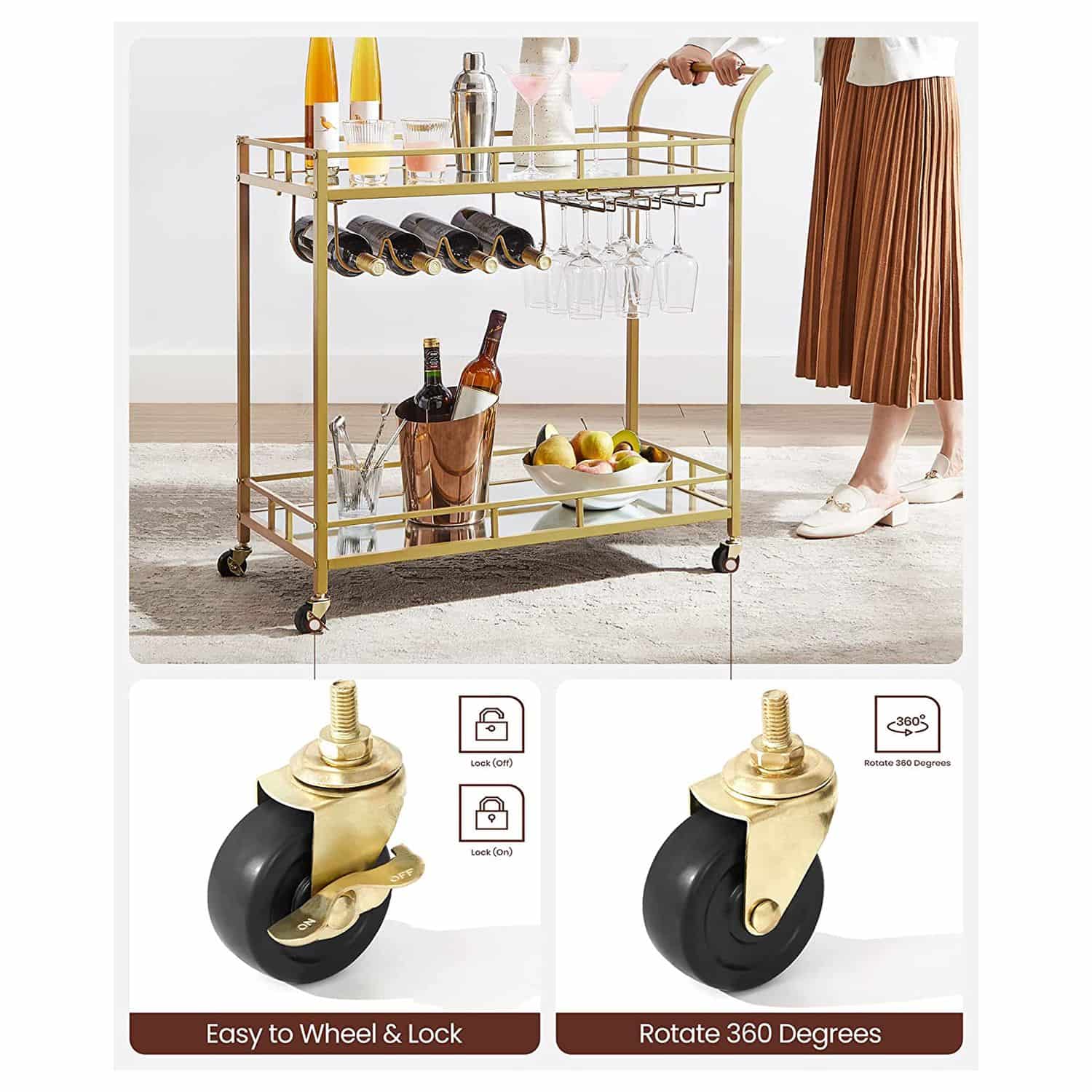 LRC090A03-6 Goldenes Highlight: VASAGLE Servierwagen mit Glasablagen