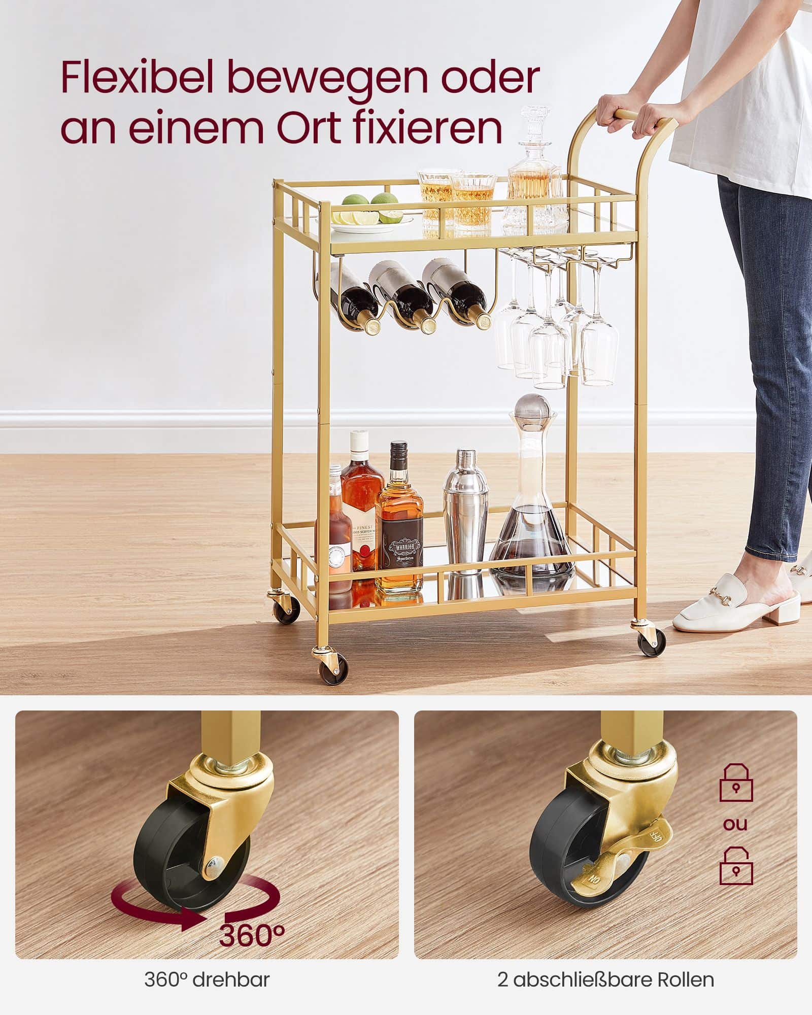 Servierwagen 2 verspiegelte Glasablagen goldfarben Servierwagen 2 verspiegelte Glasablagen goldfarben