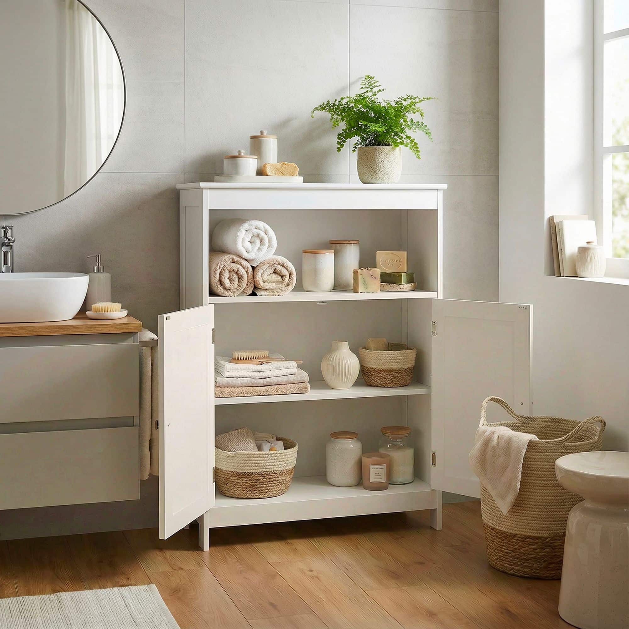 Badschrank 80 x 60 x 28 cm Weiß - Schmaler Badezimmerschrank Türen & Ablage - Aufbewahrungsschrank Wiener Geflecht - Badezimmer Badregal Bad Badezimmerregal