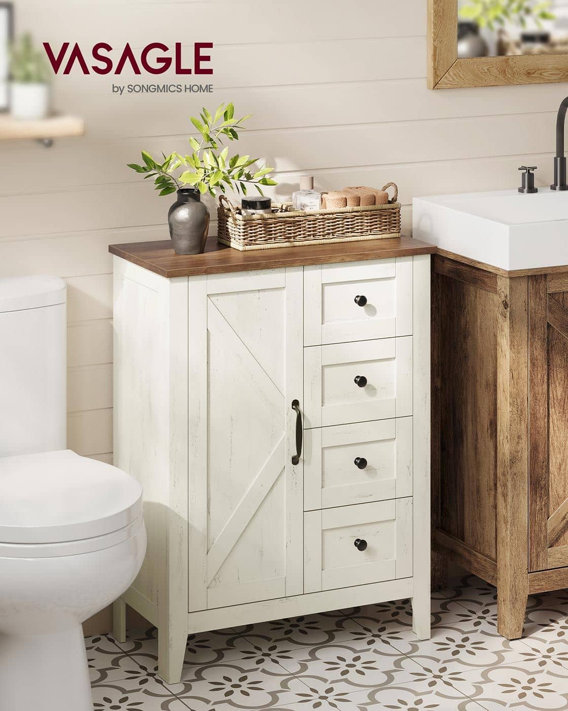 Badezimmerschrank mit Schubladen und verstellbaren Ablagen im Landhausstil