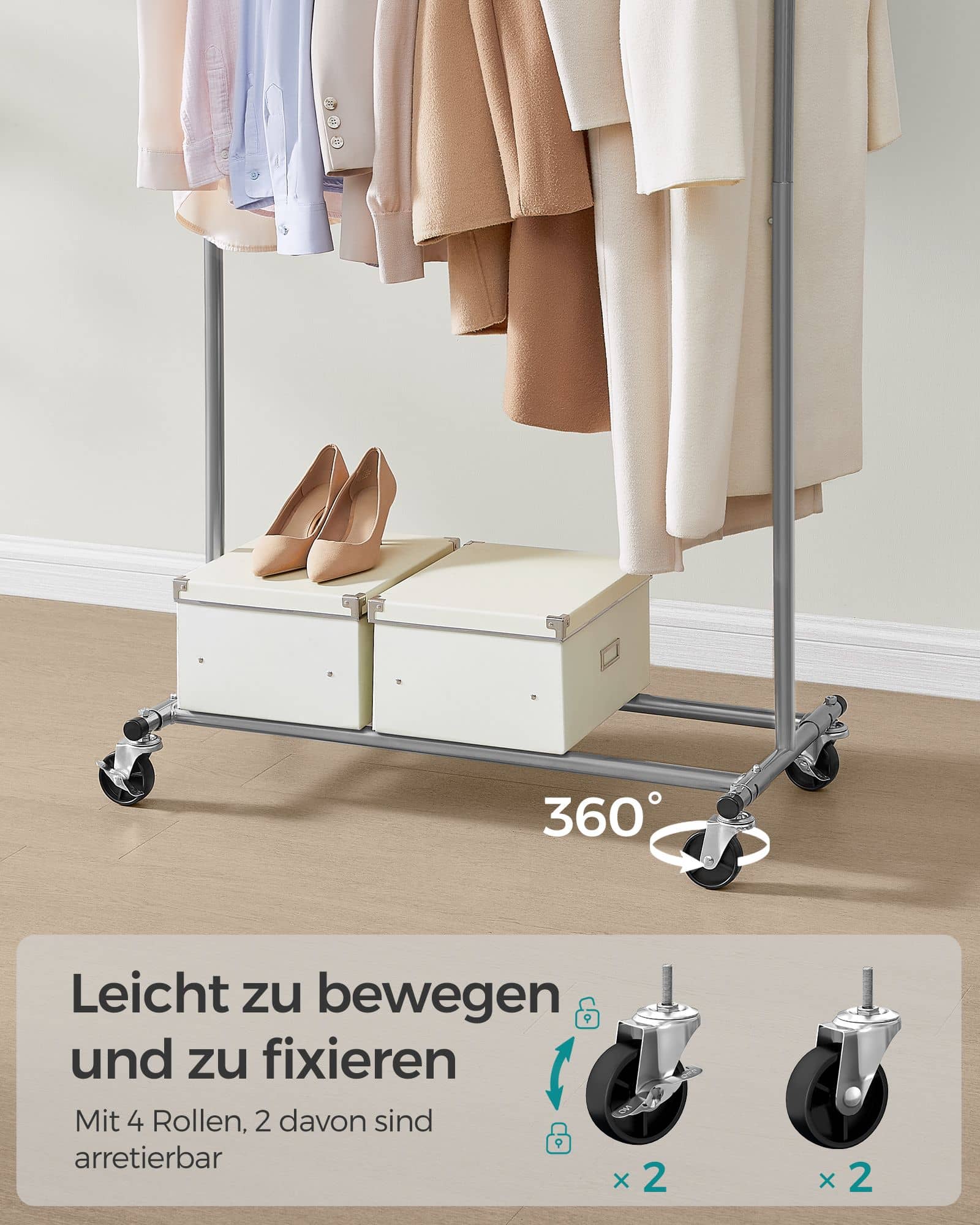 Kleiderständer auf Rollen bis 90 kg belastbar taubengrau Kleiderständer auf Rollen bis 90 kg belastbar taubengrau