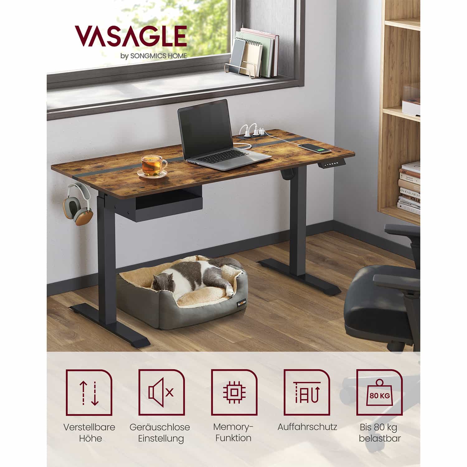 Höhenverstellbarer Schreibtisch 60 x 140 cm vintagebraun-schwarz-B34LSD114X01