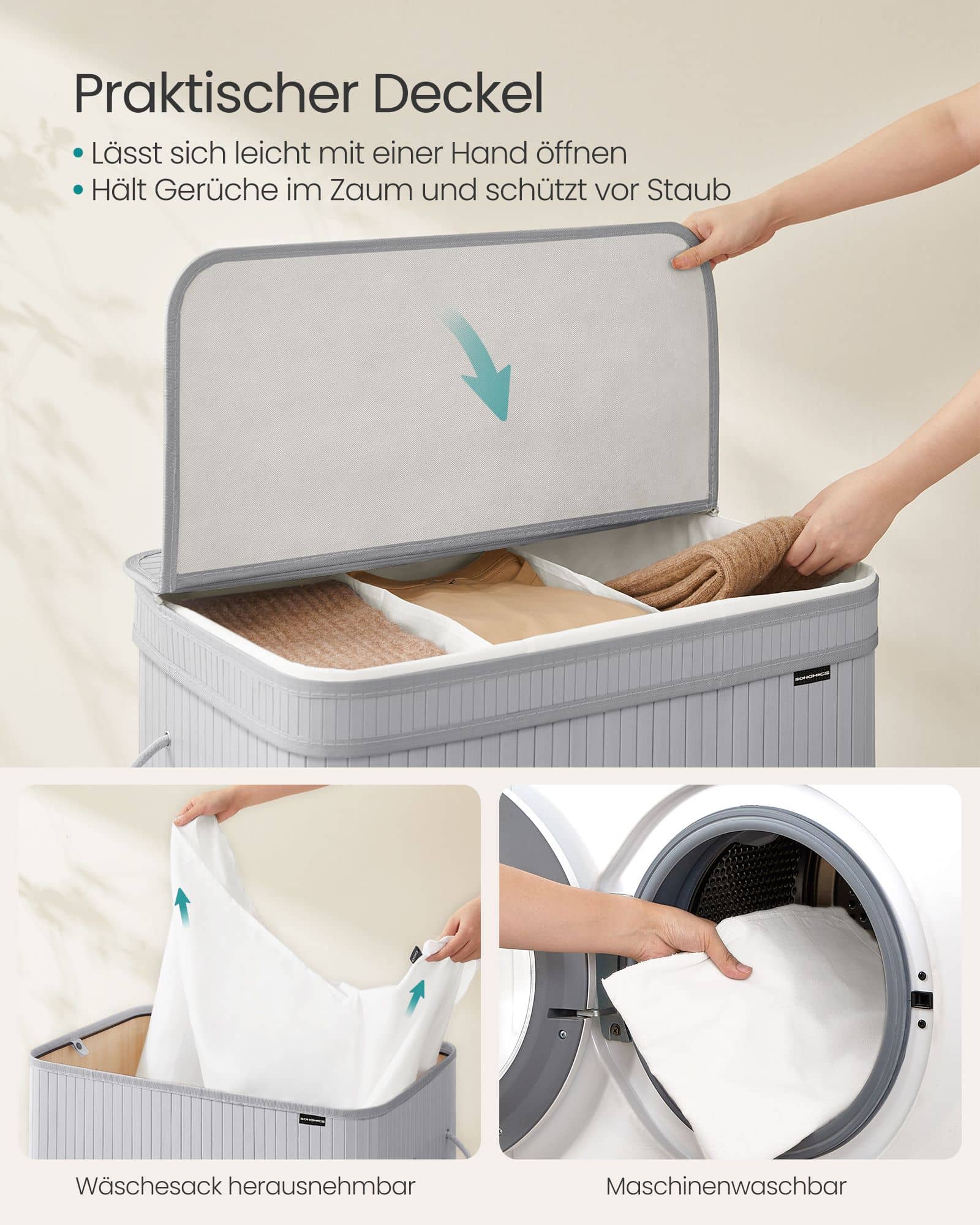 Wäschekorb mit Deckel aus Bambus 150 Liter taubengrau Wäschekorb mit Deckel aus Bambus 150 Liter taubengrau