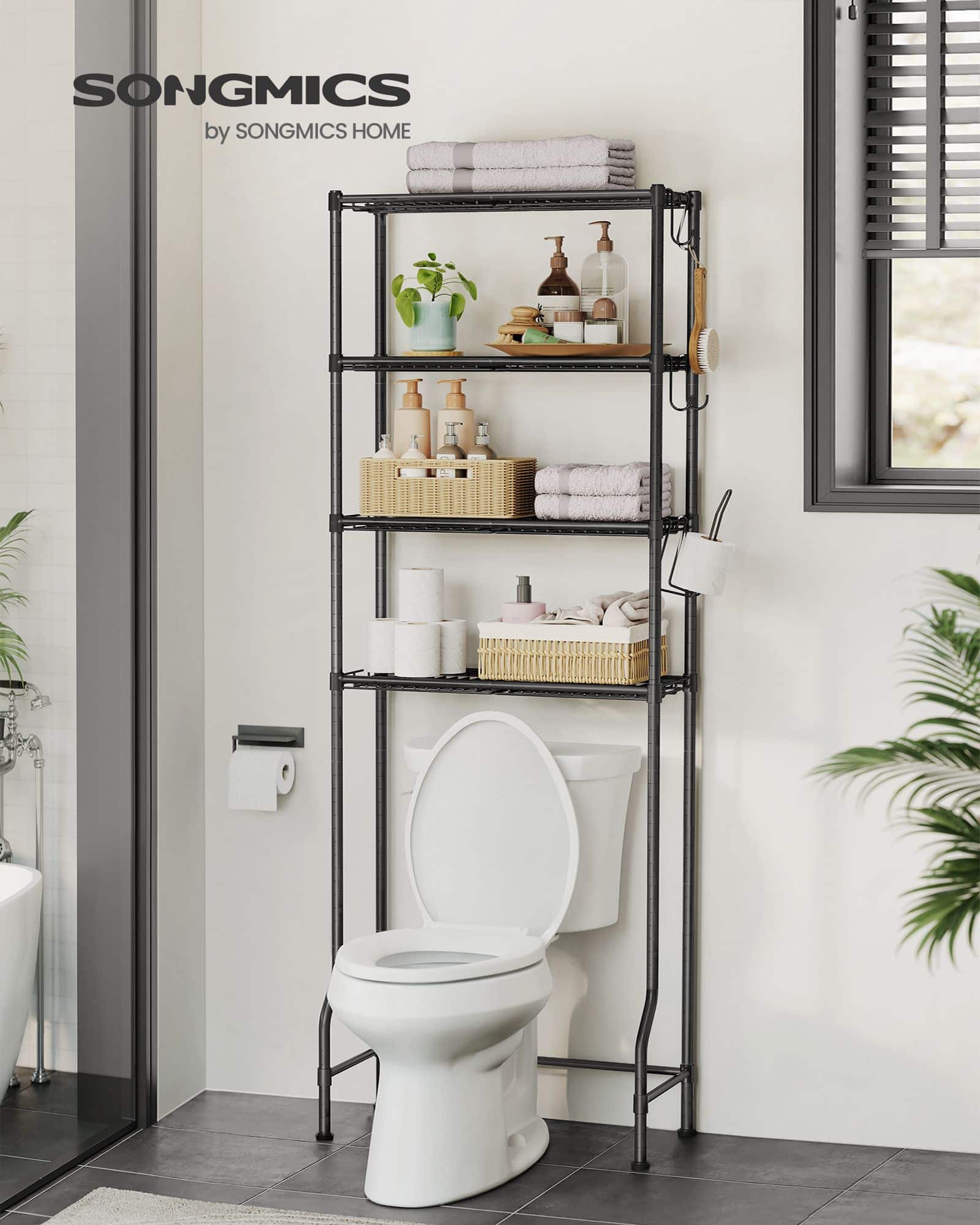 4-stöckiges Toilettenregal mit Haken platzsparend schwarz 4-stöckiges Toilettenregal mit Haken platzsparend schwarz