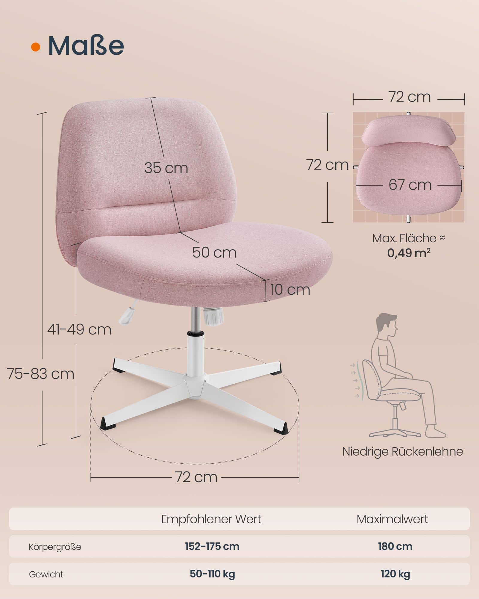 Bürostuhl mit breiter Sitzfläche und Kreuzfuß pastellrosa Bürostuhl mit breiter Sitzfläche und Kreuzfuß pastellrosa