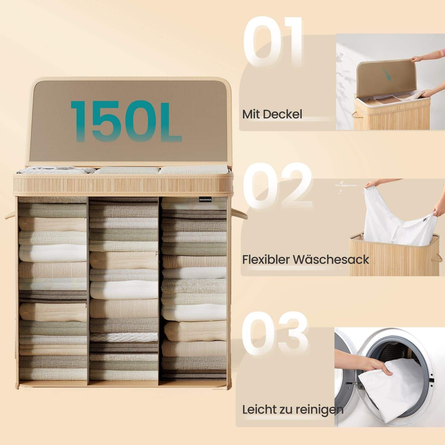Wäschekorb mit Deckel, Wäschesammler Bambus, Wäschesack mit Griffen herausnehmbar und maschinenwaschbar Wäschekorb mit Deckel, Wäschesammler Bambus, Wäschesack mit Griffen herausnehmbar und maschinenwaschbar