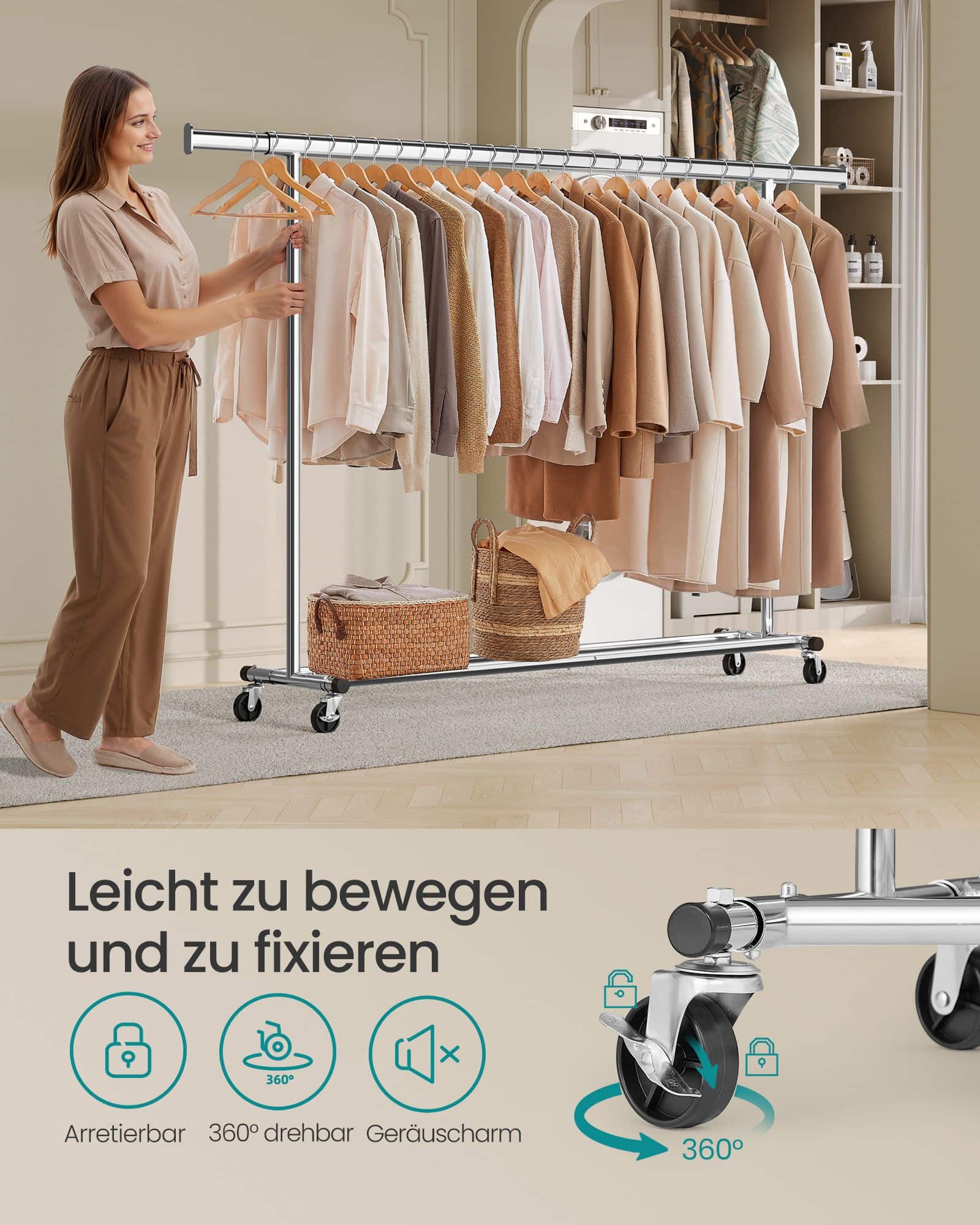 Kleiderständer auf Rollen mit ausziehbarer Kleiderstange silbern Kleiderständer auf Rollen mit ausziehbarer Kleiderstange silbern