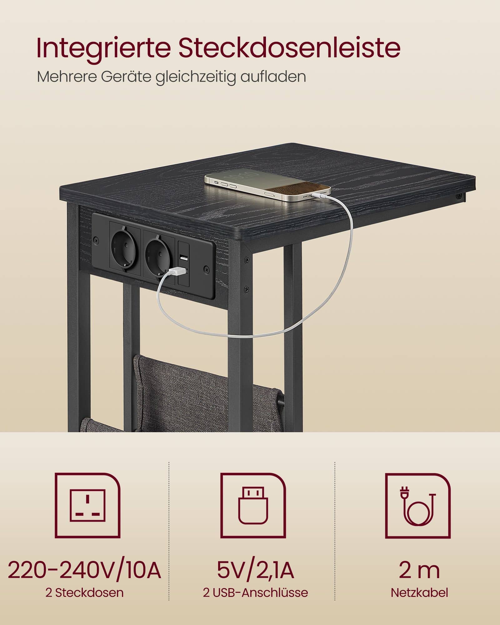 Beistelltisch C-Form mit 2 AC-Steckdosen ebenholzschwarz