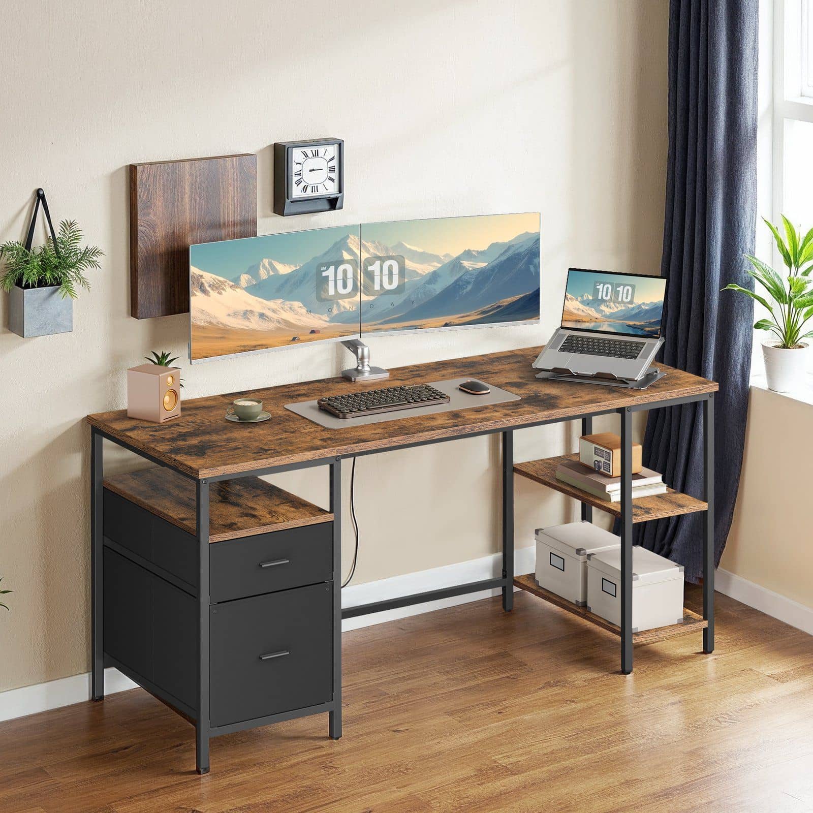 Computertisch mit 3 Ablagen und 2 Schubladen vintagebraun-schwarz