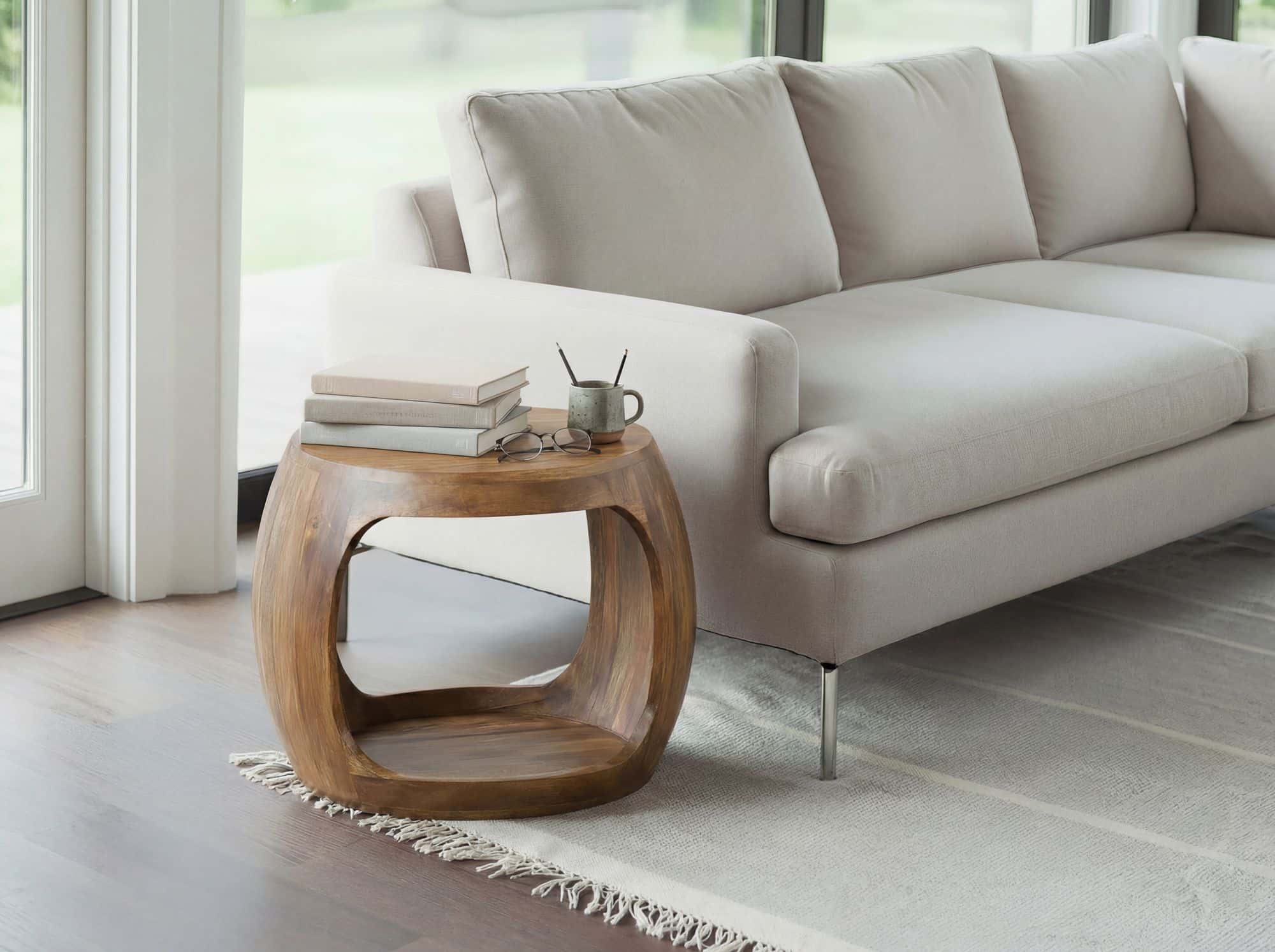 Beistelltisch 50cm Mango Massivholz rund mit Ablagefach - Couchtisch Echtholz handgefertigt