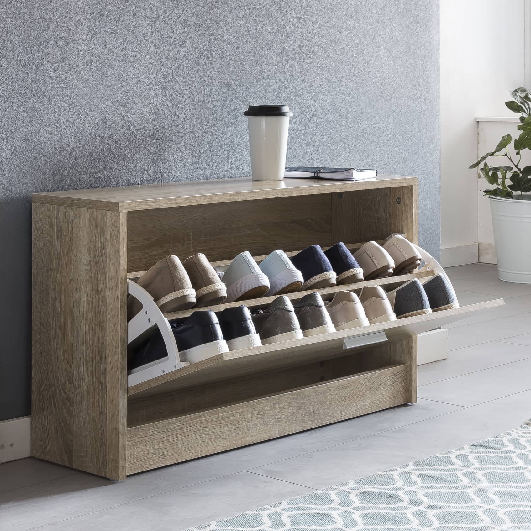45764-WOHNLING-Schuhbank-mit-1-Klappe-Sonoma_8S2FCQht39yt7d Schuhkipper SPLIT Modern 80 x 47 x 24 cm Holz Schuhregal Weiß 1 Fach