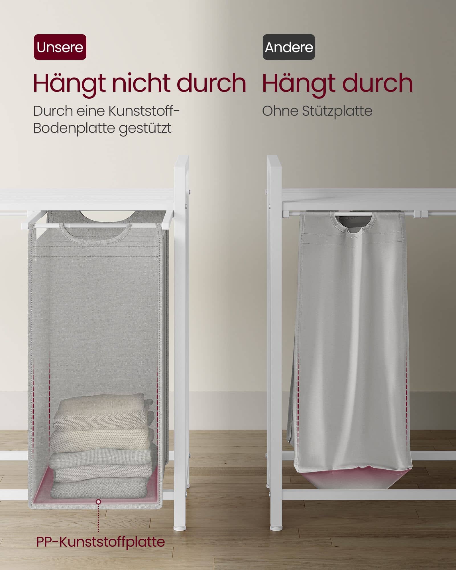 Wäschekorb 3 Fächer, Wäschesammler mit Ablage, Wäschebox