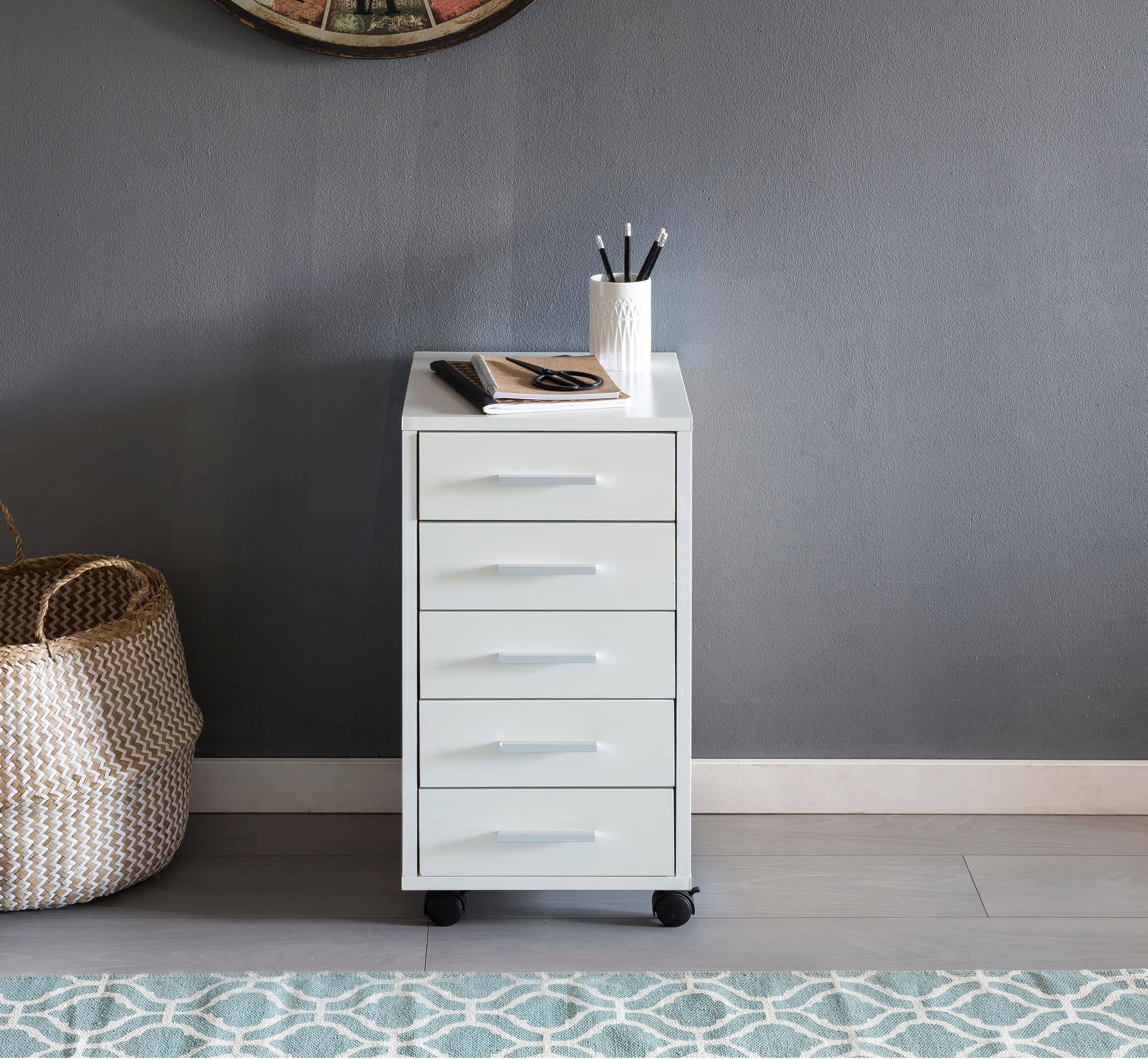 45767-WOHNLING-Rollcontainer-LISA-mit-5-Schublade_5 Rollcontainer Weiß 33 x 63 x 38 cm Holz Schubladenschrank Schreibtisch