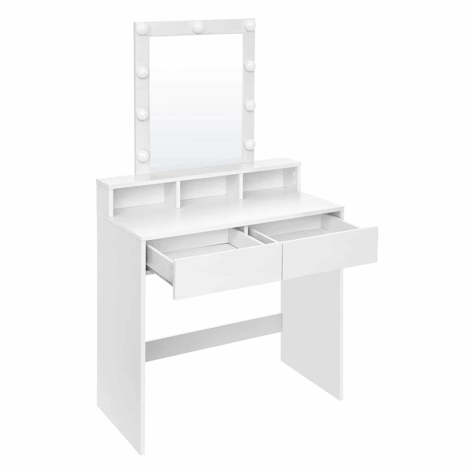 Schminktisch mit LED-Beleuchtung, Frisiertisch mit Spiegel, 2 Schubladen und 3 offenen Fächern