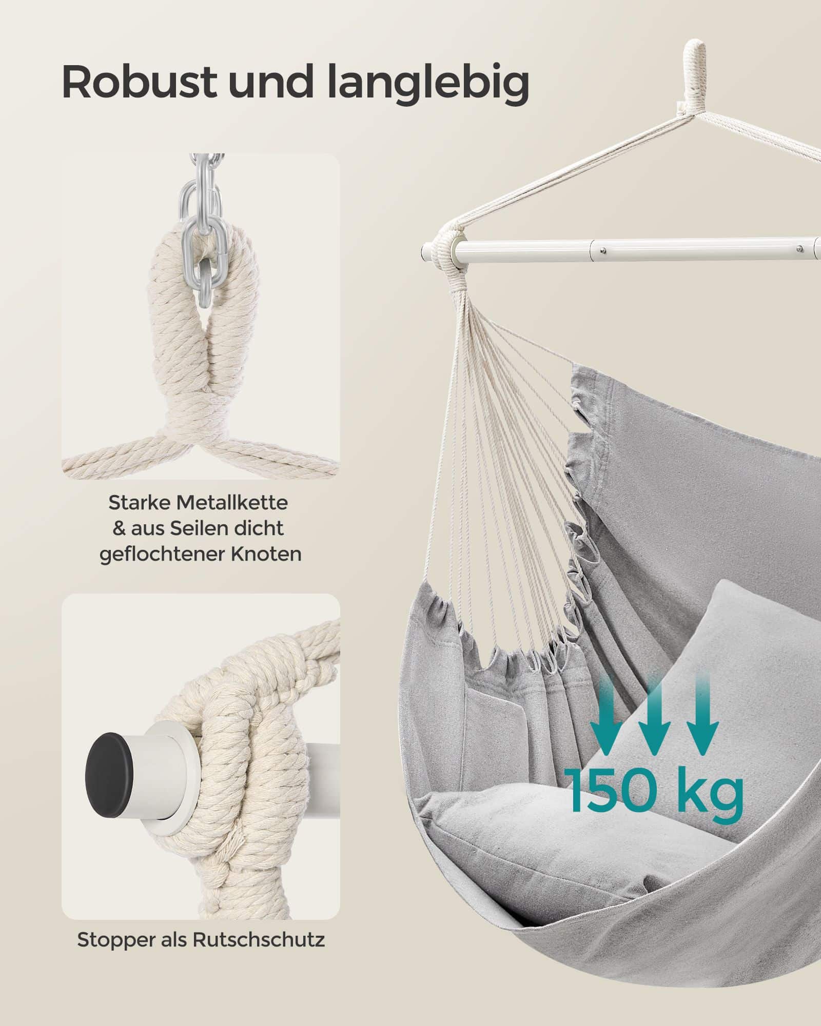 Hängesessel mit 2 Kissen und Metallkette taubengrau Hängesessel mit 2 Kissen und Metallkette taubengrau