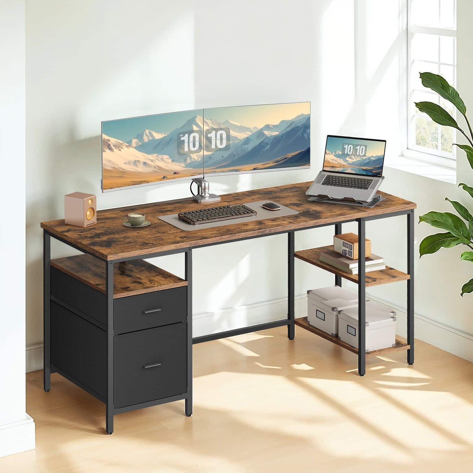 Computertisch mit 3 Ablagen und 2 Schubladen vintagebraun-schwarz