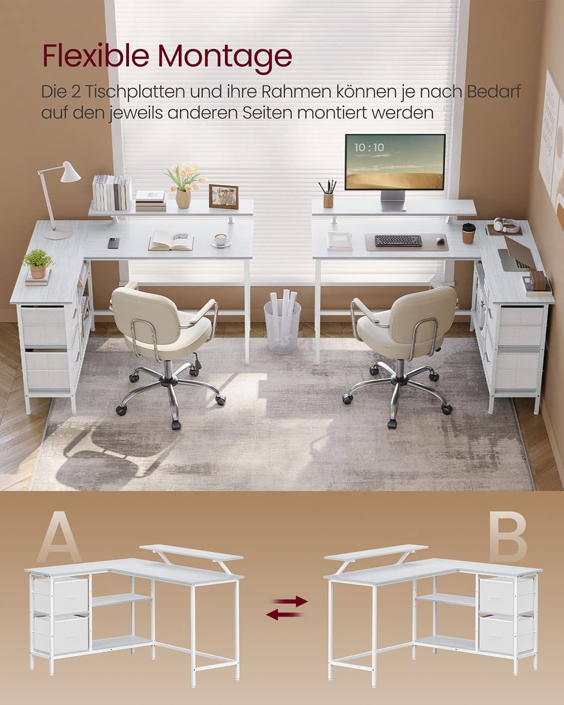 L-förmiger Schreibtisch mit 2 Schubladen und Monitorständer L-förmiger Schreibtisch mit 2 Schubladen und Monitorständer