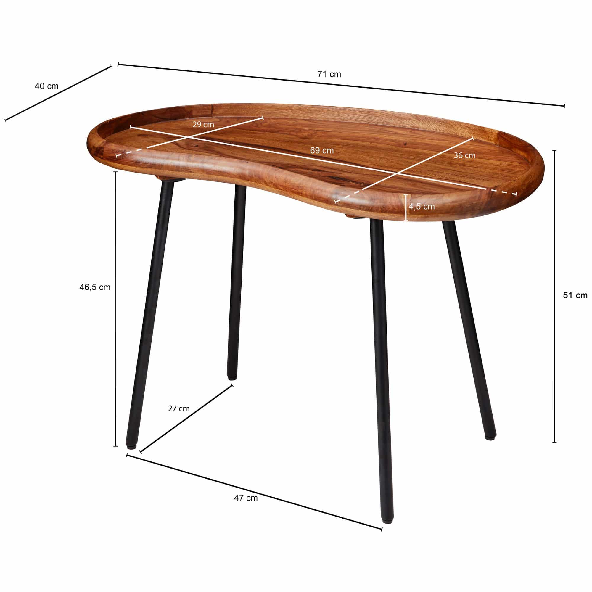 Couchtisch WL5.669 71x51x40 cm Sheesham massiv Sofatisch Nierenform mit Metallbeinen Couchtisch WL5.669 71x51x40 cm Sheesham massiv Sofatisch Nierenform mit Metallbeinen