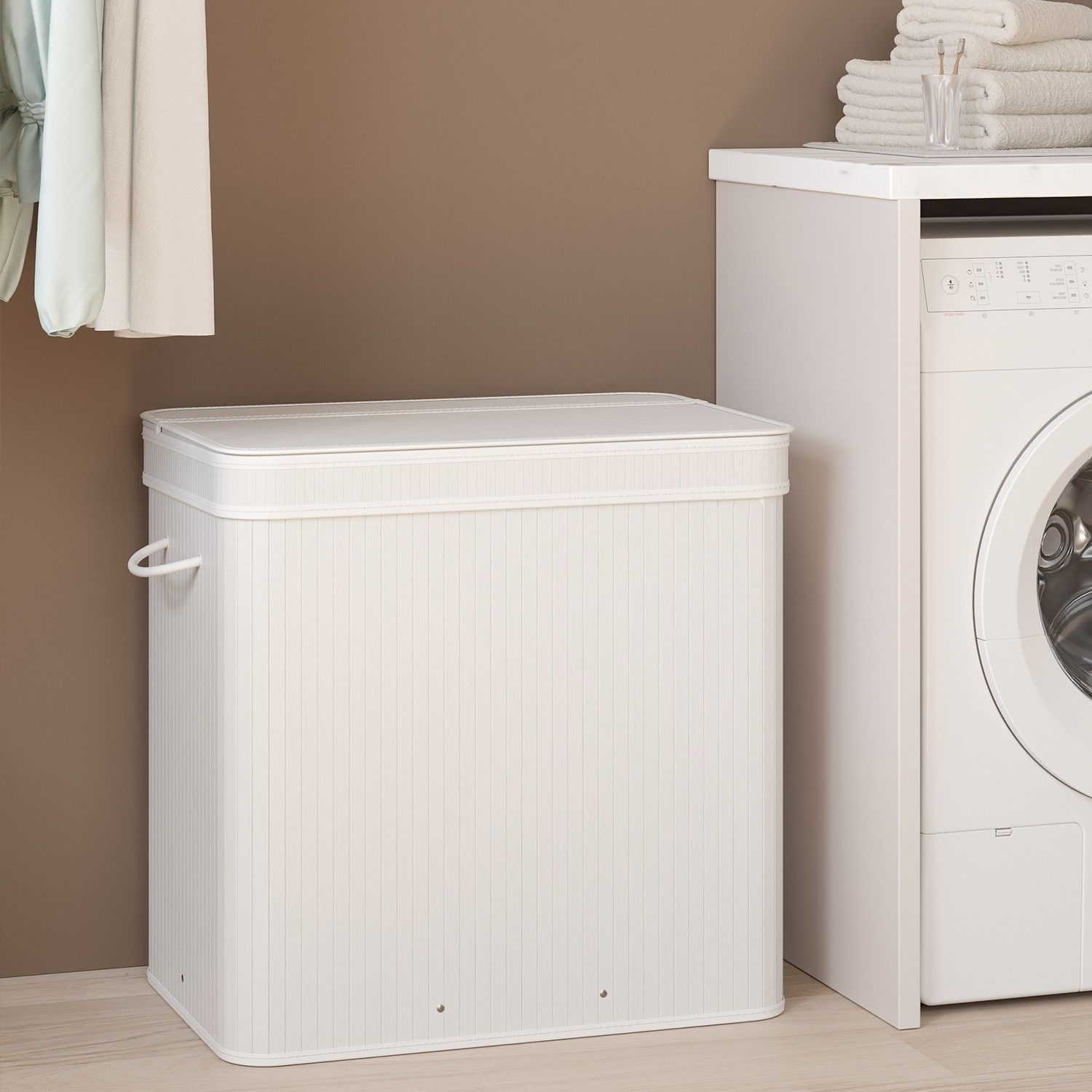 Wäschekorb mit Deckel, Wäschesammler Bambus, Wäschesack mit Griffen herausnehmbar und maschinenwaschbar