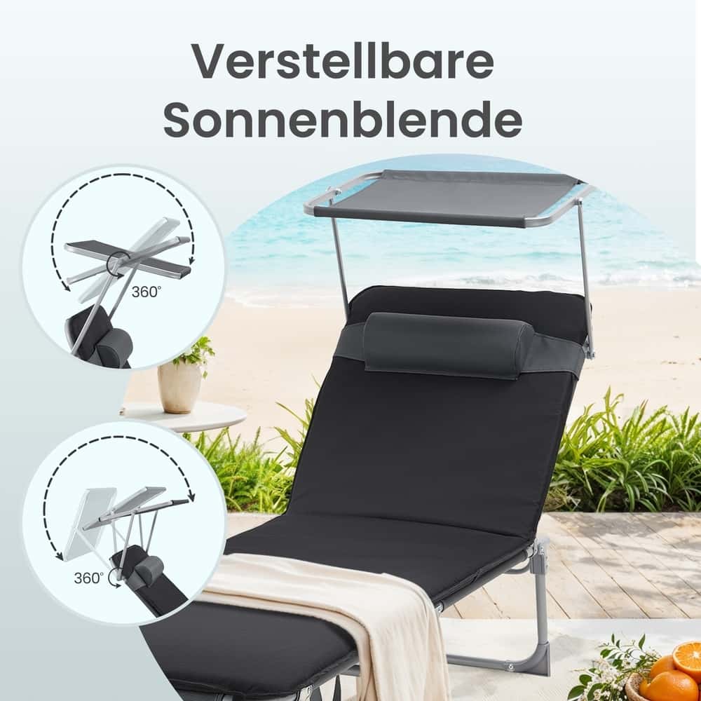 Liegestuhl klappbar, Sonnenliege mit verstellbarer Rückenlehne, Kissen Liegestuhl klappbar, Sonnenliege mit verstellbarer Rückenlehne, Kissen