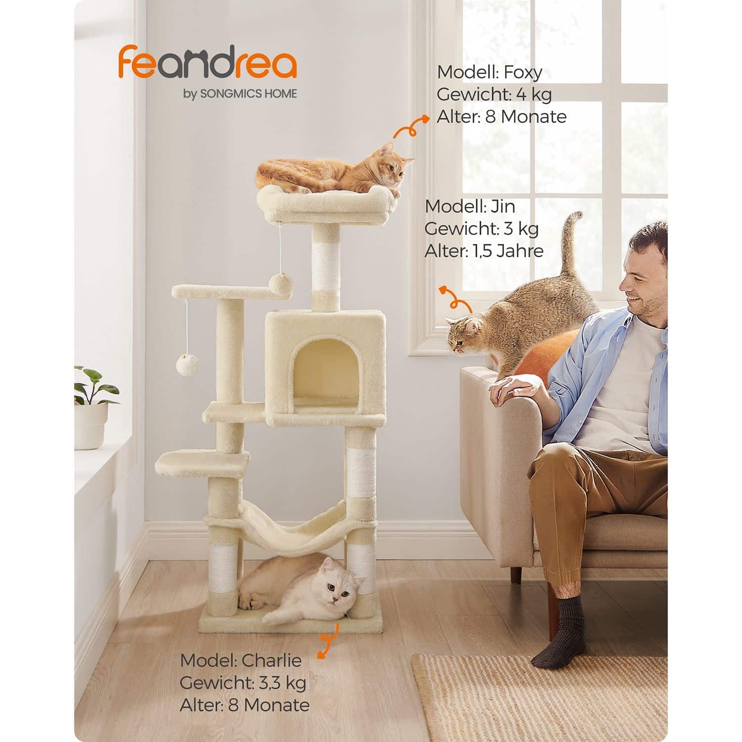 Kratzbaum 112 cm mit Plattformen und Hängematte beige-PCT261M01 Kratzbaum 112 cm mit Plattformen und Hängematte beige-PCT261M01