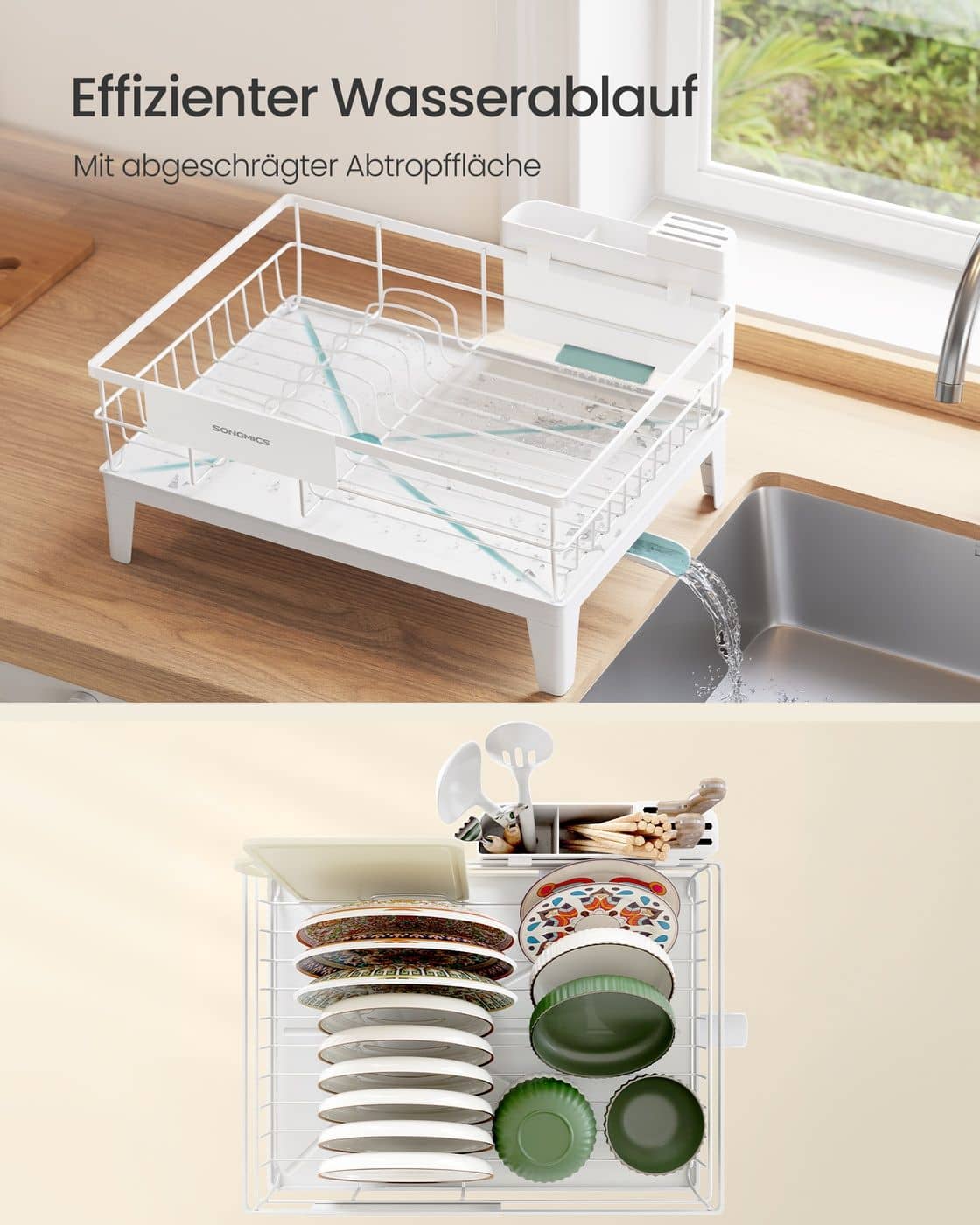 Drehbares Abtropfgestell mit Abtropfschale und Besteckablage Drehbares Abtropfgestell mit Abtropfschale und Besteckablage