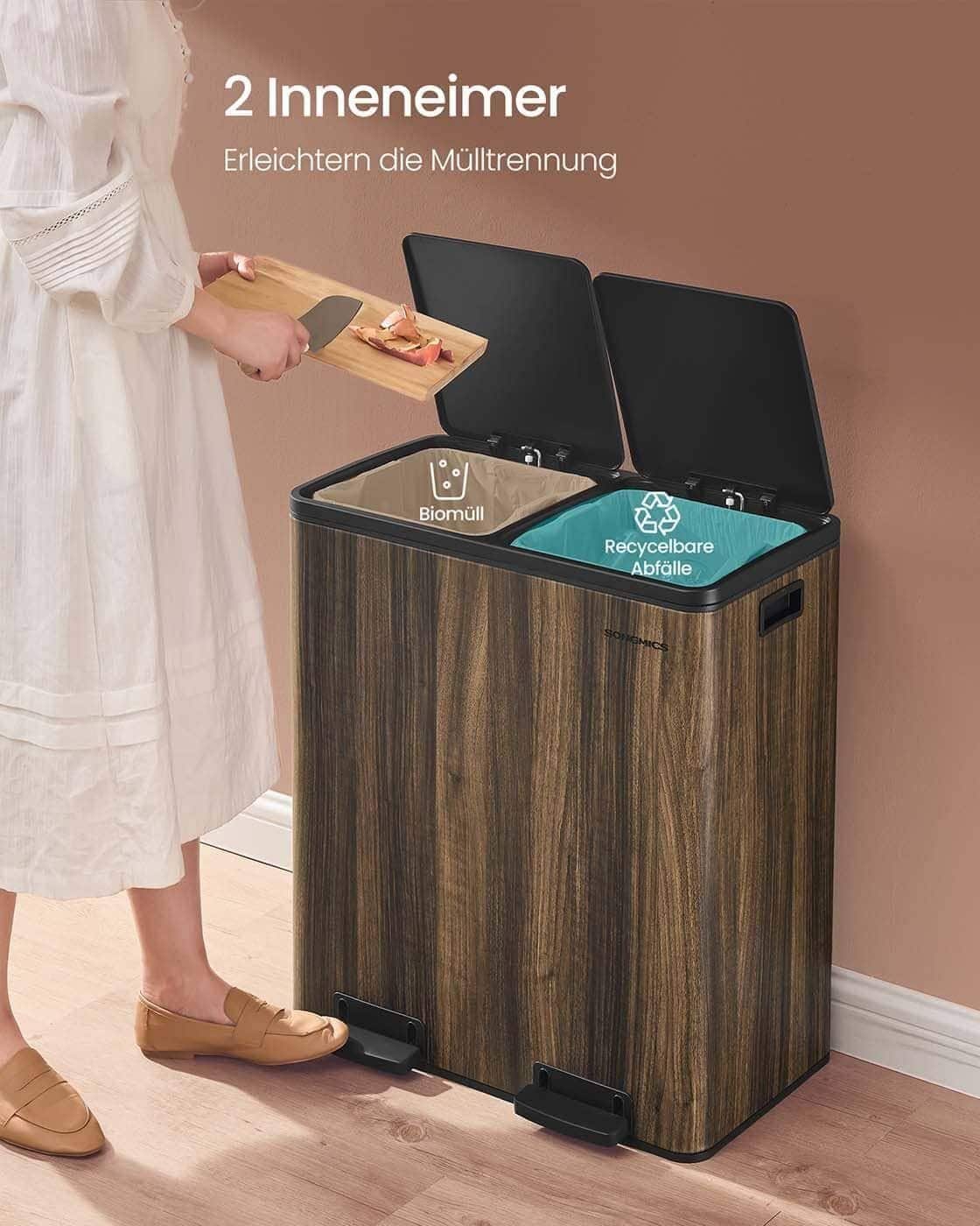 Mülleimer mit 2 Fächern und 15 Müllsäcken Softclose dunkelwalnussfarben Mülleimer mit 2 Fächern und 15 Müllsäcken Softclose dunkelwalnussfarben