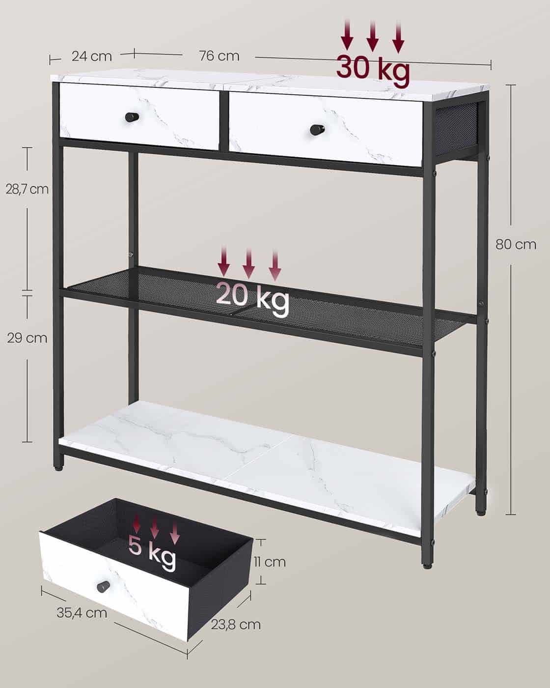Schmaler Konsolentisch mit zwei Stoffschubladen