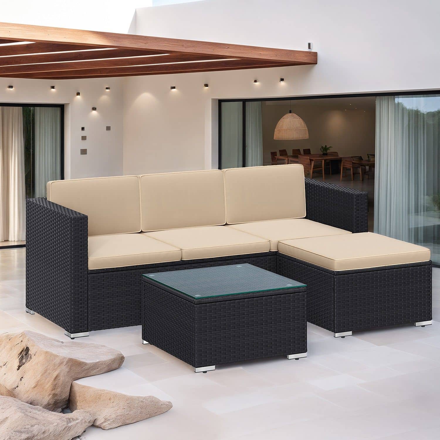 Gartenmöbel-Set, Terrassenmöbel aus PE-Polyrattan, Balkonmöbel mit Kissen und Glastisch Gartenmöbel-Set, Terrassenmöbel aus PE-Polyrattan, Balkonmöbel mit Kissen und Glastisch