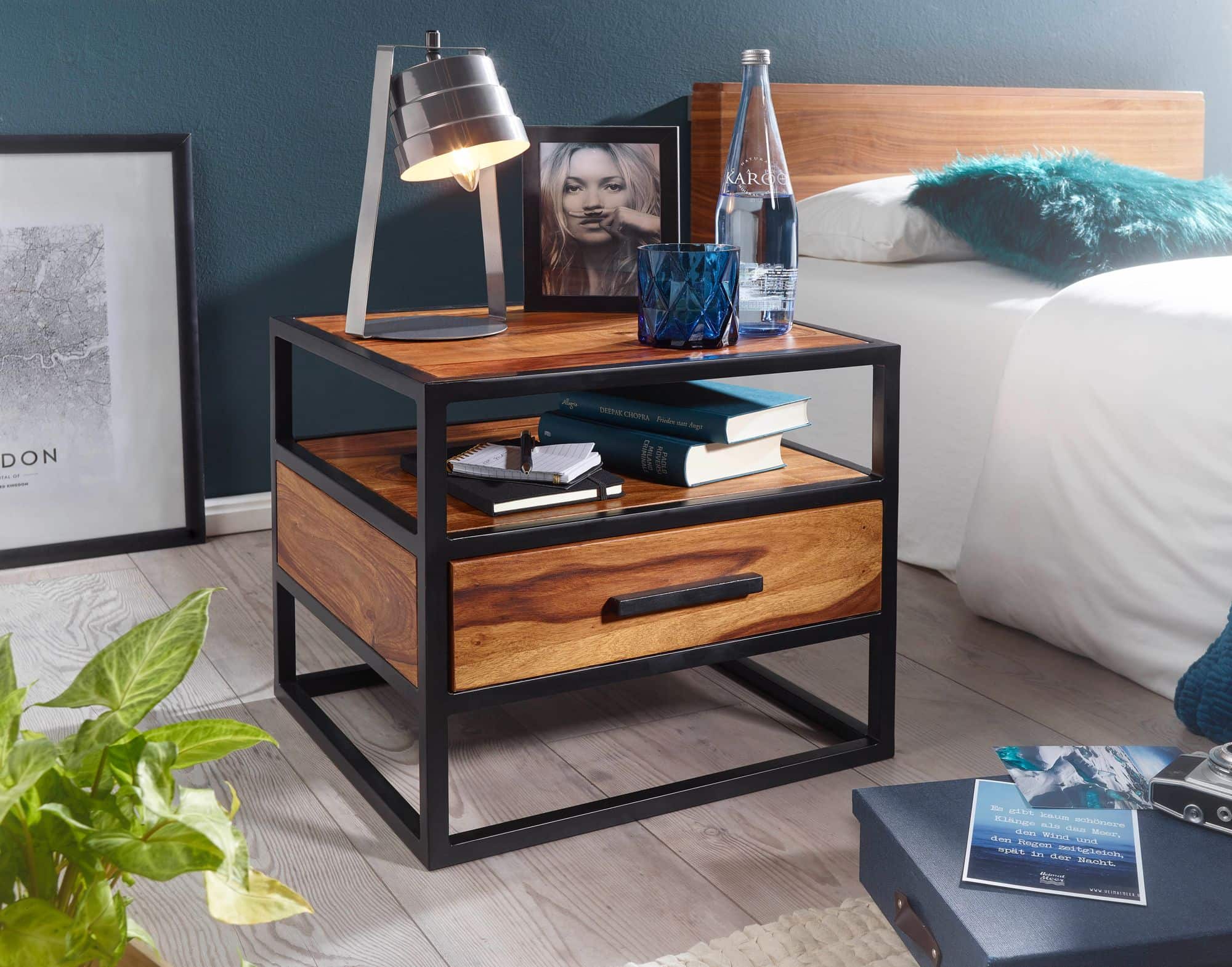 Nachtkonsole 50 x 45 x 45 cm WL5.624 Sheesham Holz Metall Schwarz Nachttisch Nachtkonsole 50 x 45 x 45 cm WL5.624 Sheesham Holz Metall Schwarz Nachttisch