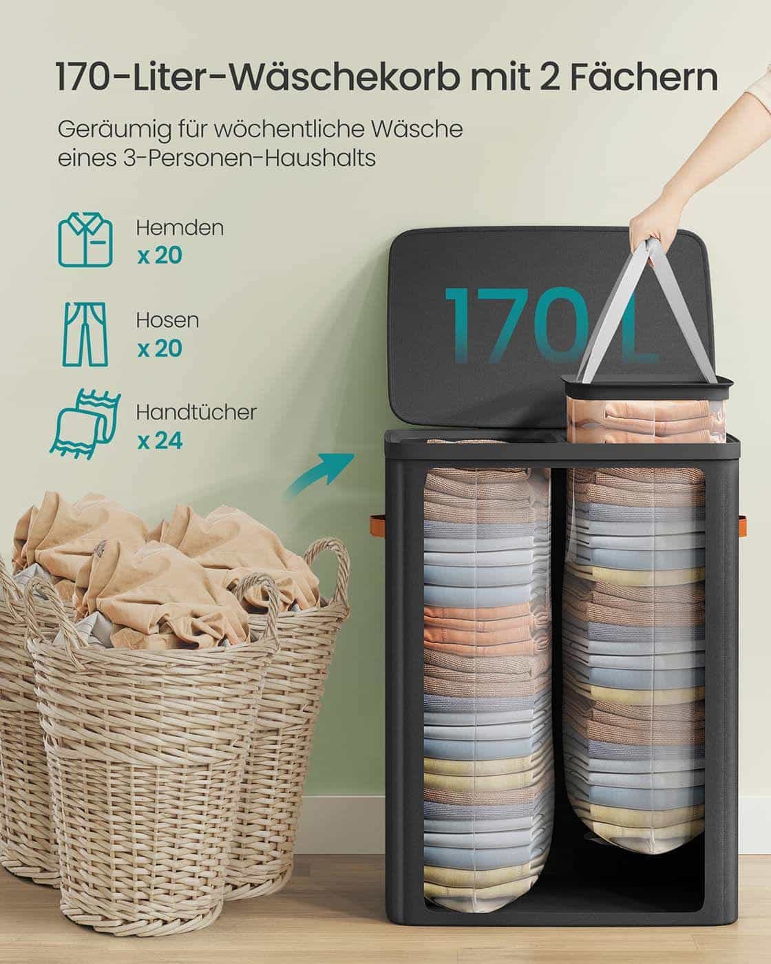 Wäschekorb 170 L mit 2 Fächern 56 x 40 x 75 cm tintenschwarz Wäschekorb 170 L mit 2 Fächern 56 x 40 x 75 cm tintenschwarz