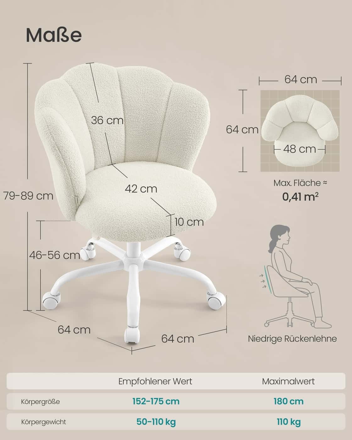 Bürostuhl Schminktischstuhl drehbar höhenverstellbar 110 kg cremeweiß Bürostuhl Schminktischstuhl drehbar höhenverstellbar 110 kg cremeweiß