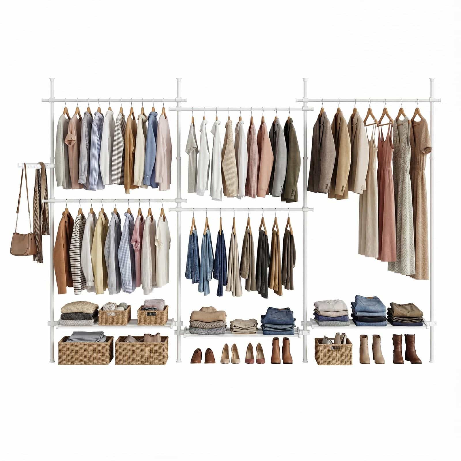 3-stufiger Kleiderständer, höhen- und breitenverstellbar, offene Garderobe mit 6 Kleiderstangen und 3 Ablagen 3-stufiger Kleiderständer, höhen- und breitenverstellbar, offene Garderobe mit 6 Kleiderstangen und 3 Ablagen