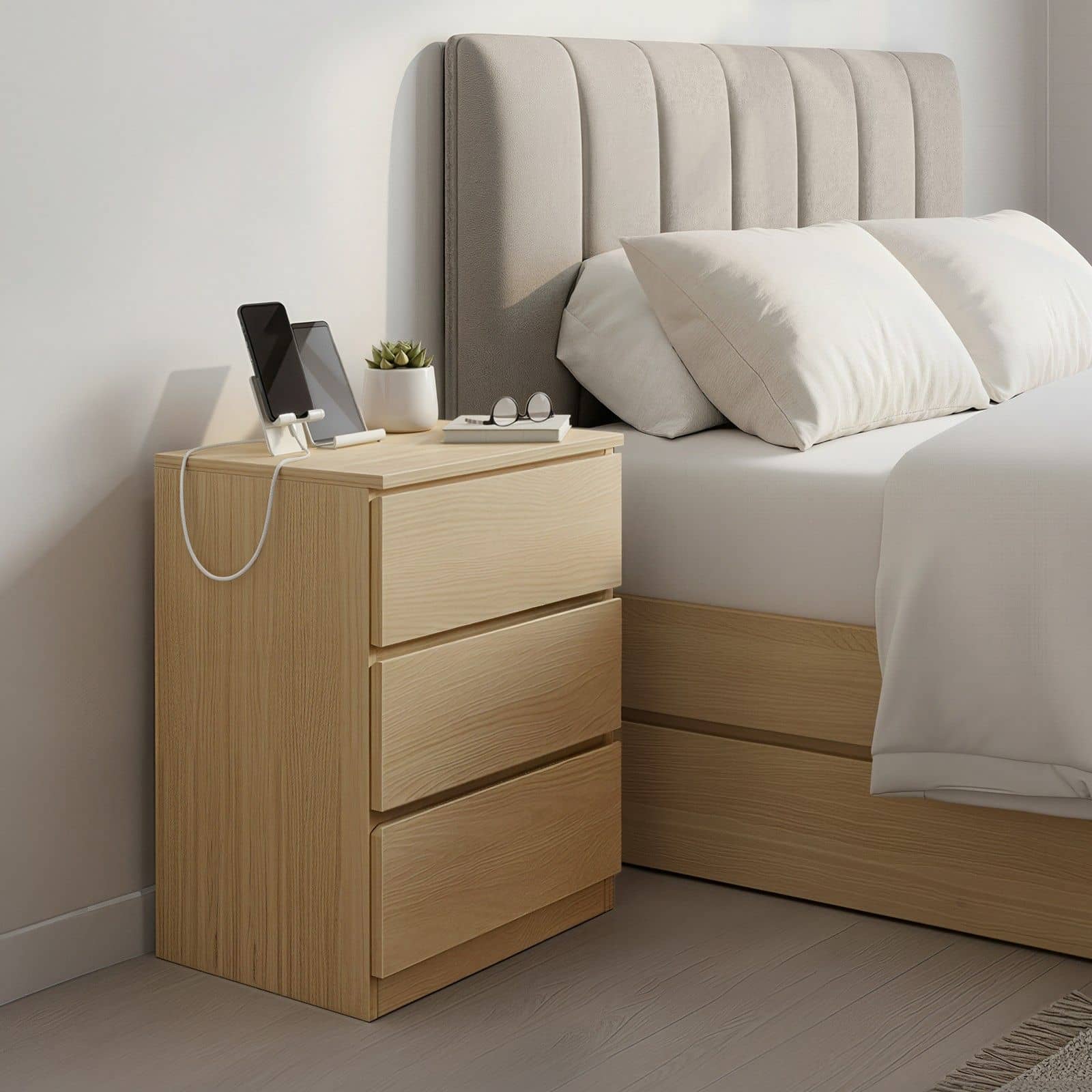 Beistelltisch Set mit Steckdosenleiste, Nachttisch, 3 Schubladen Beistelltisch Set mit Steckdosenleiste, Nachttisch, 3 Schubladen
