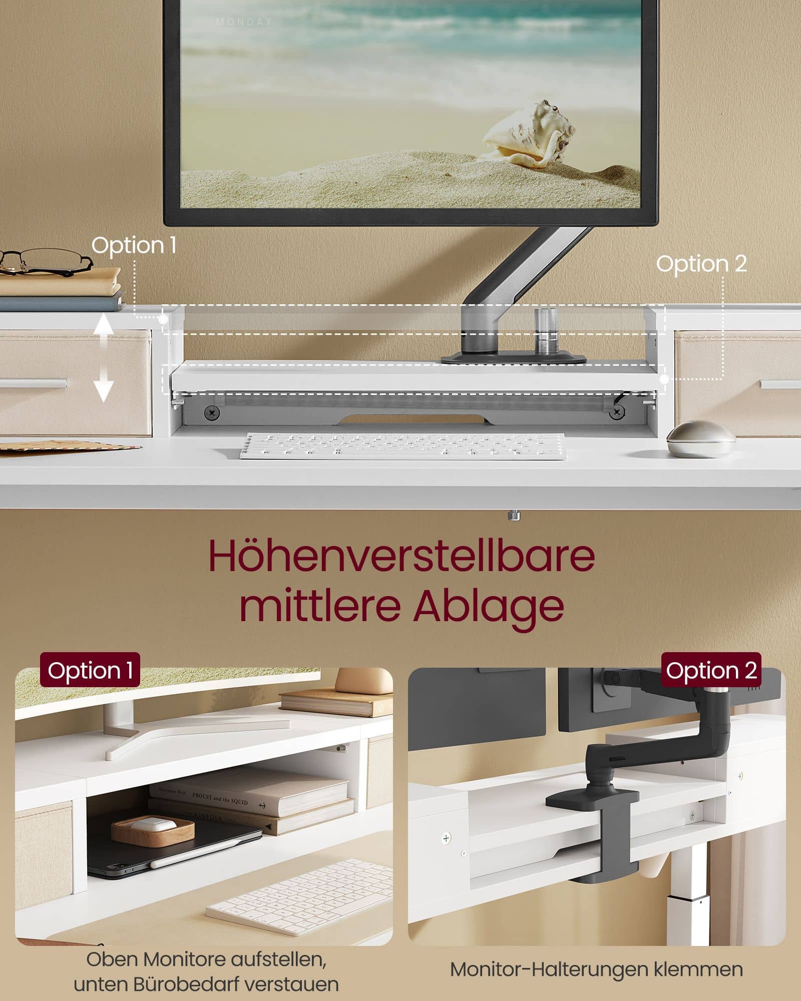 Schreibtisch höhenverstellbar mit Monitorständer wolkenweiß