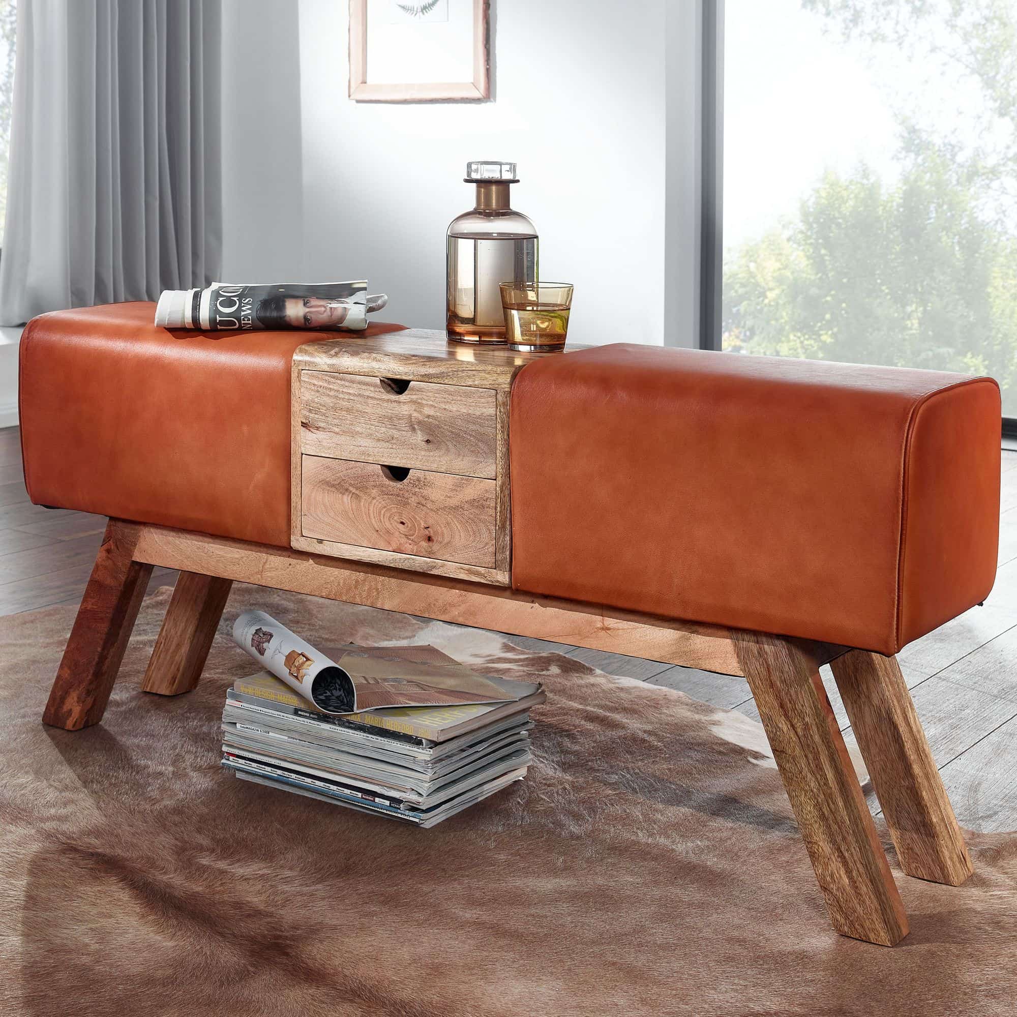 Design Turnbock Sitzbank Braun mit Schubladen 120x56x30 cm Design Turnbock Sitzbank Braun mit Schubladen 120x56x30 cm