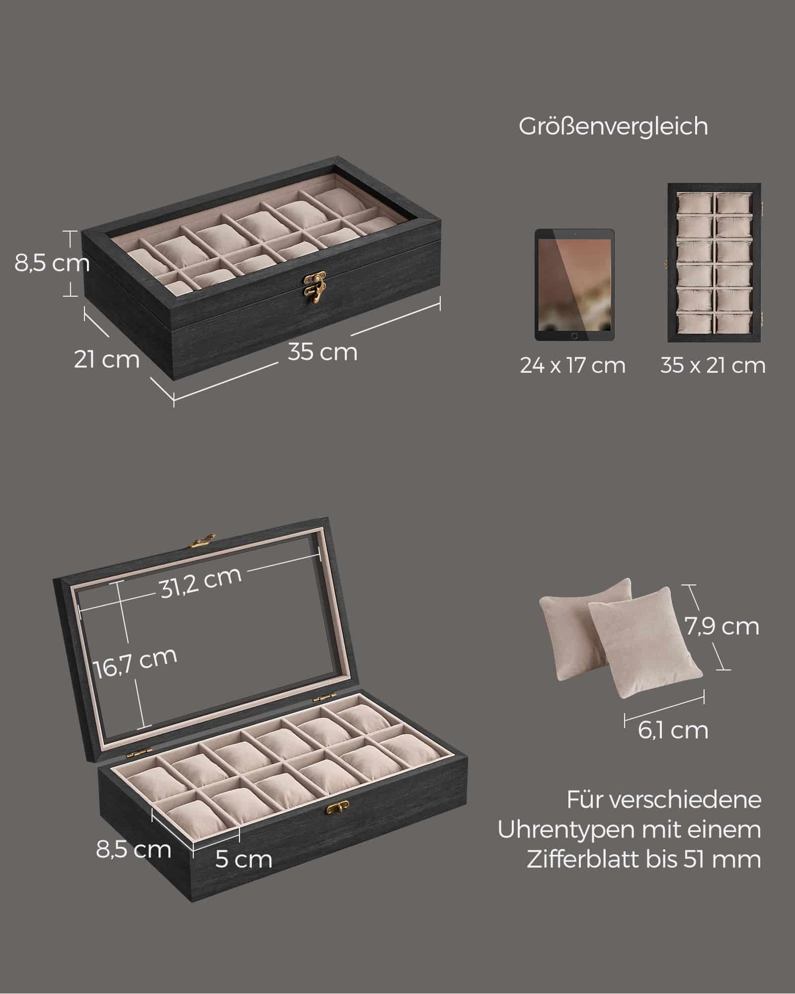 Uhrenbox mit 12 Fächern aus Massivholz Uhrenbox mit 12 Fächern aus Massivholz