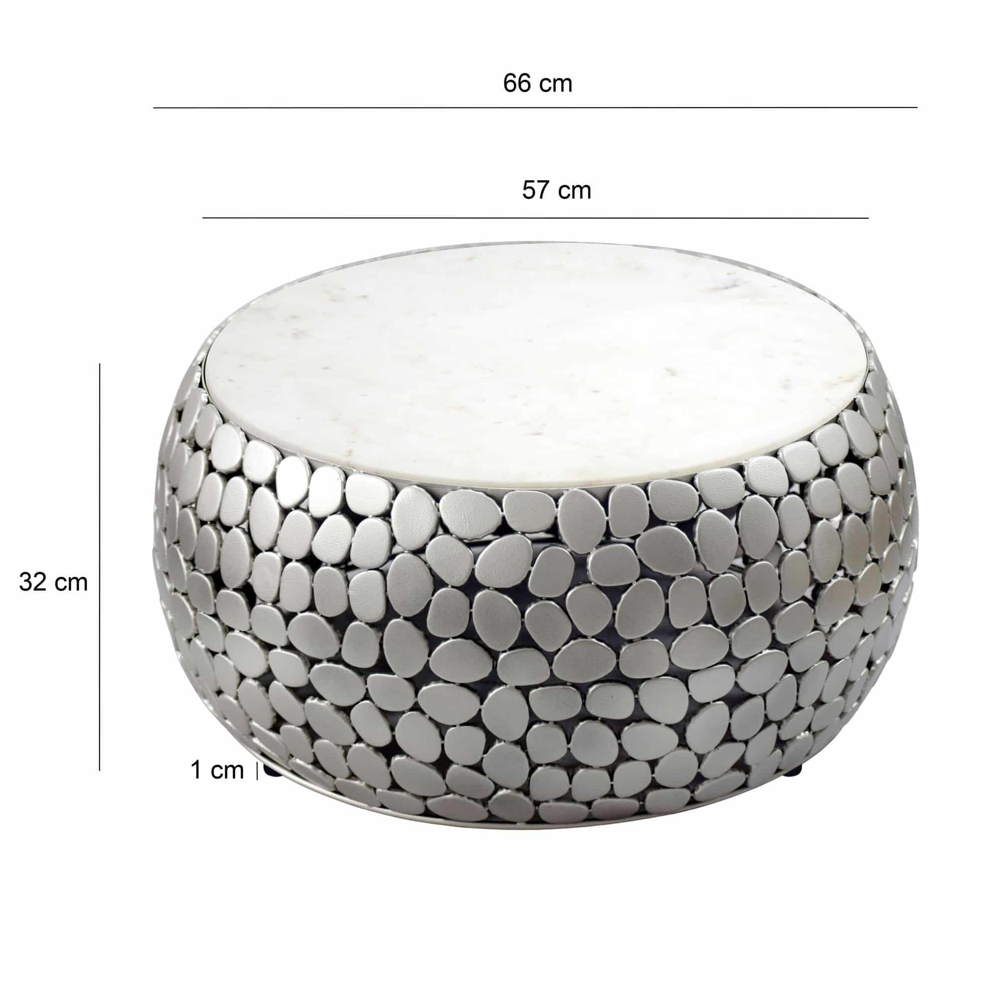 Design Couchtisch rund 66 cm aus Aluminium silber und weißer Marmor Tischplatte - Wohnzimmertisch Alu - Metall Sofatisch - Beistelltisch Wohnzimmer - Handmade
