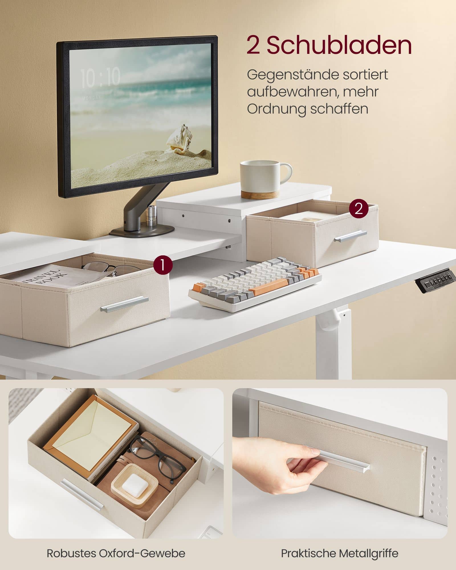 Schreibtisch höhenverstellbar mit Monitorständer wolkenweiß