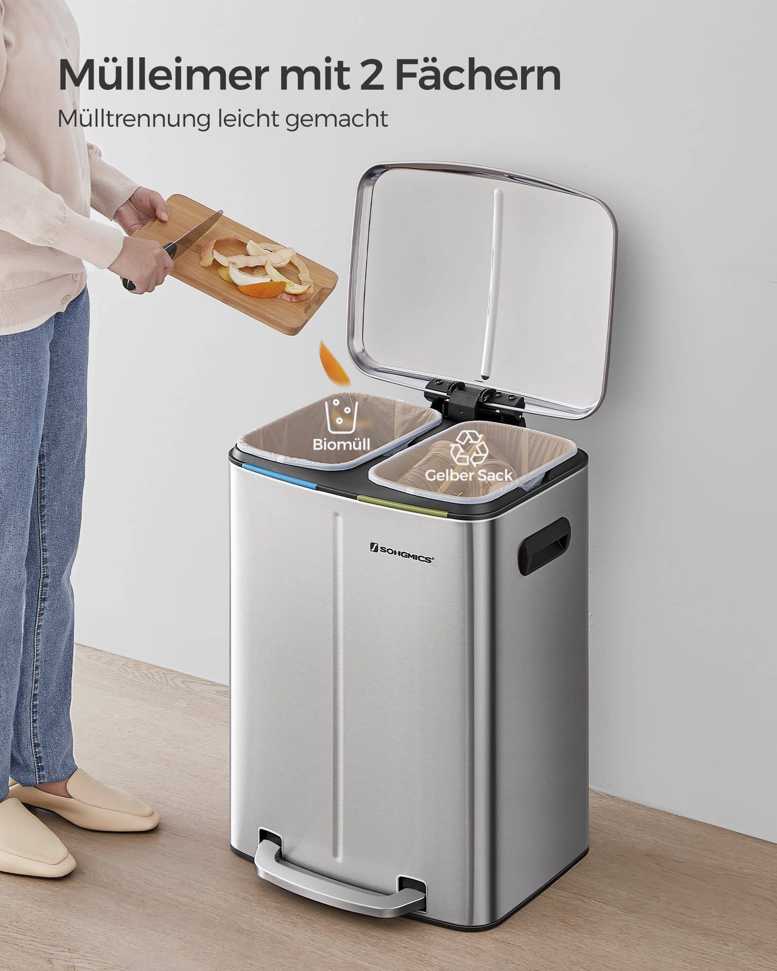 40 L Mülleimer mit 2 Fächern silbern-LTB40NL 40 L Mülleimer mit 2 Fächern silbern-LTB40NL