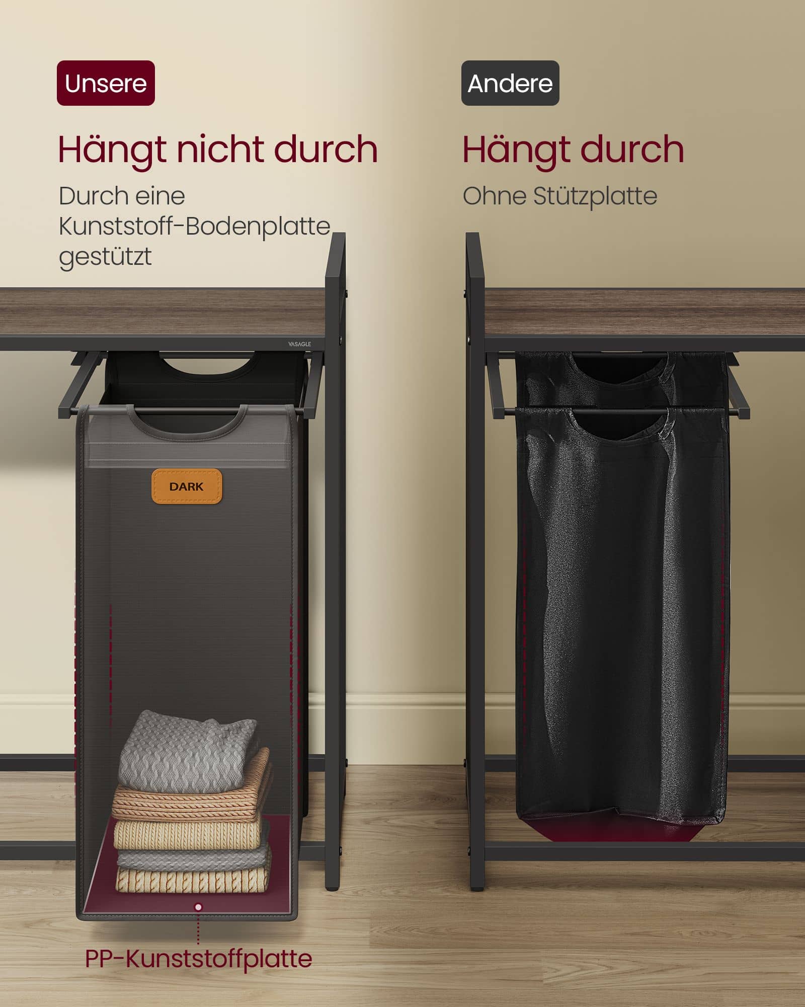 Wäschekorb 3 Fächer mit Rollen und abnehmbaren Taschen Wäschekorb 3 Fächer mit Rollen und abnehmbaren Taschen