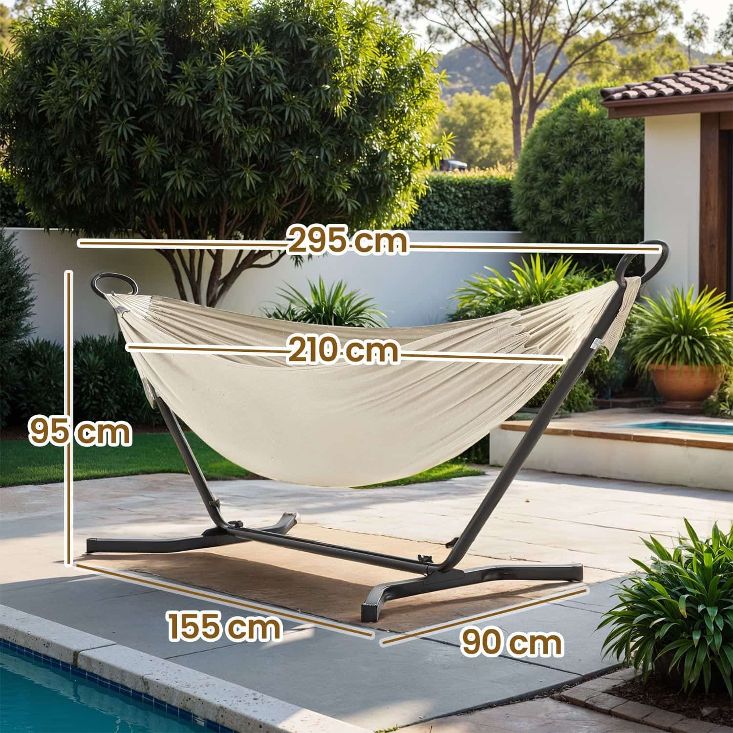 Hängematte mit Gestell, 210 x 150 cm, Doppelhängematte auf 5 verschiedene Höhen verstellbar Hängematte mit Gestell, 210 x 150 cm, Doppelhängematte auf 5 verschiedene Höhen verstellbar