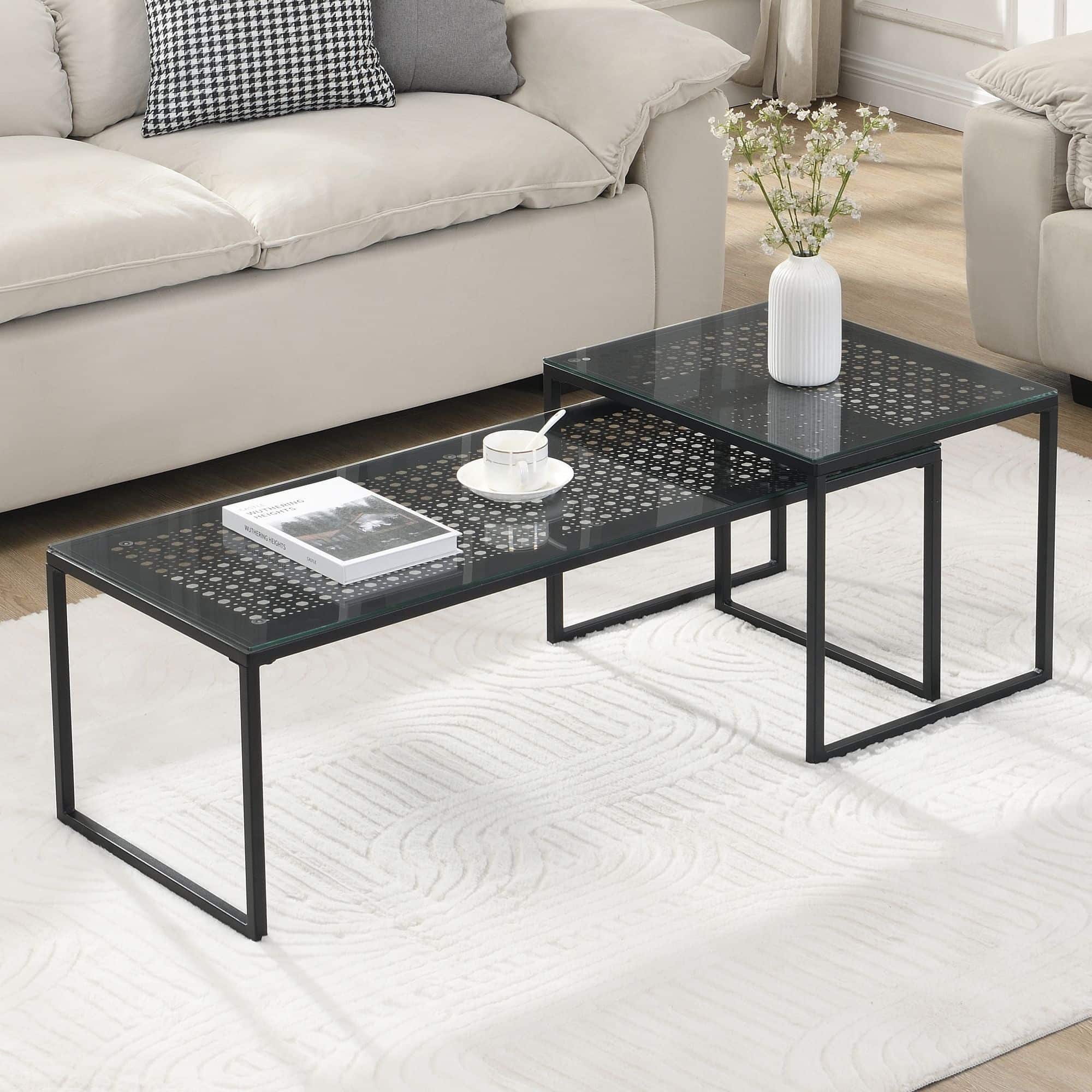 Satztisch Glas Metall 2er Set Modern Couchtisch Schwarz Satztisch Glas Metall 2er Set Modern Couchtisch Schwarz