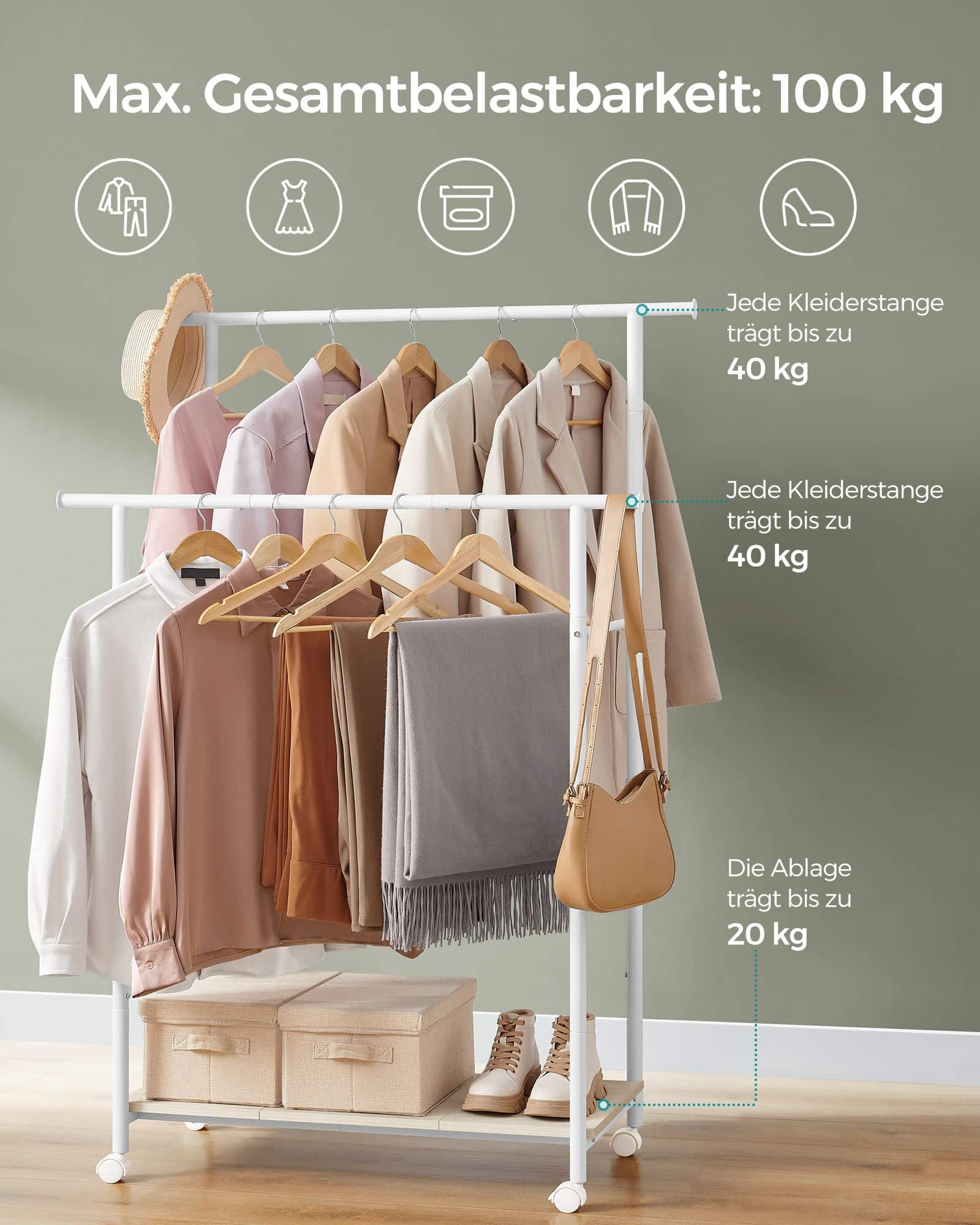 Kleiderständer auf Rollen eichenfarben-cremeweiß Kleiderständer auf Rollen eichenfarben-cremeweiß