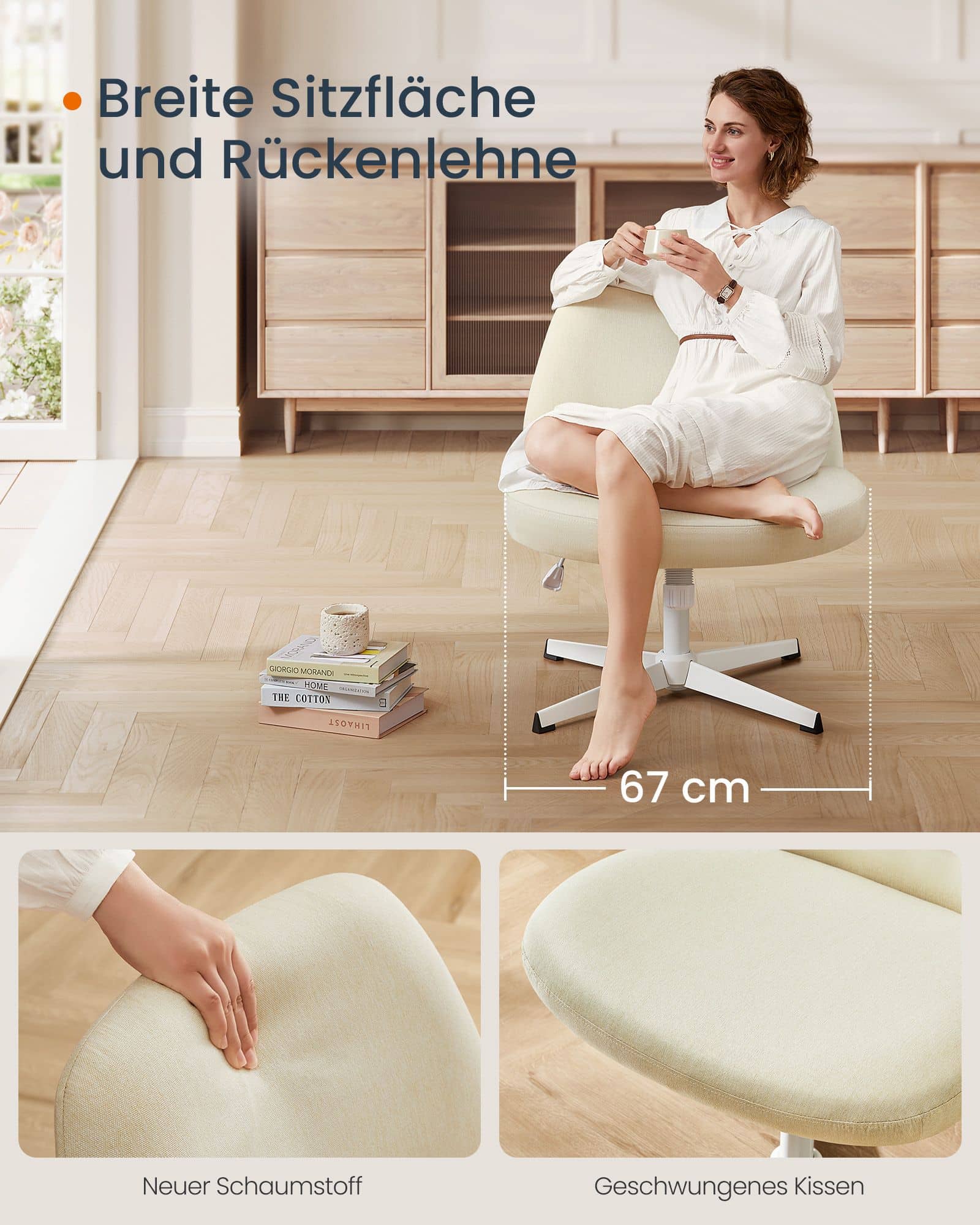 Bürostuhl mit breiter Sitzfläche und Kreuzfuß beige Bürostuhl mit breiter Sitzfläche und Kreuzfuß beige