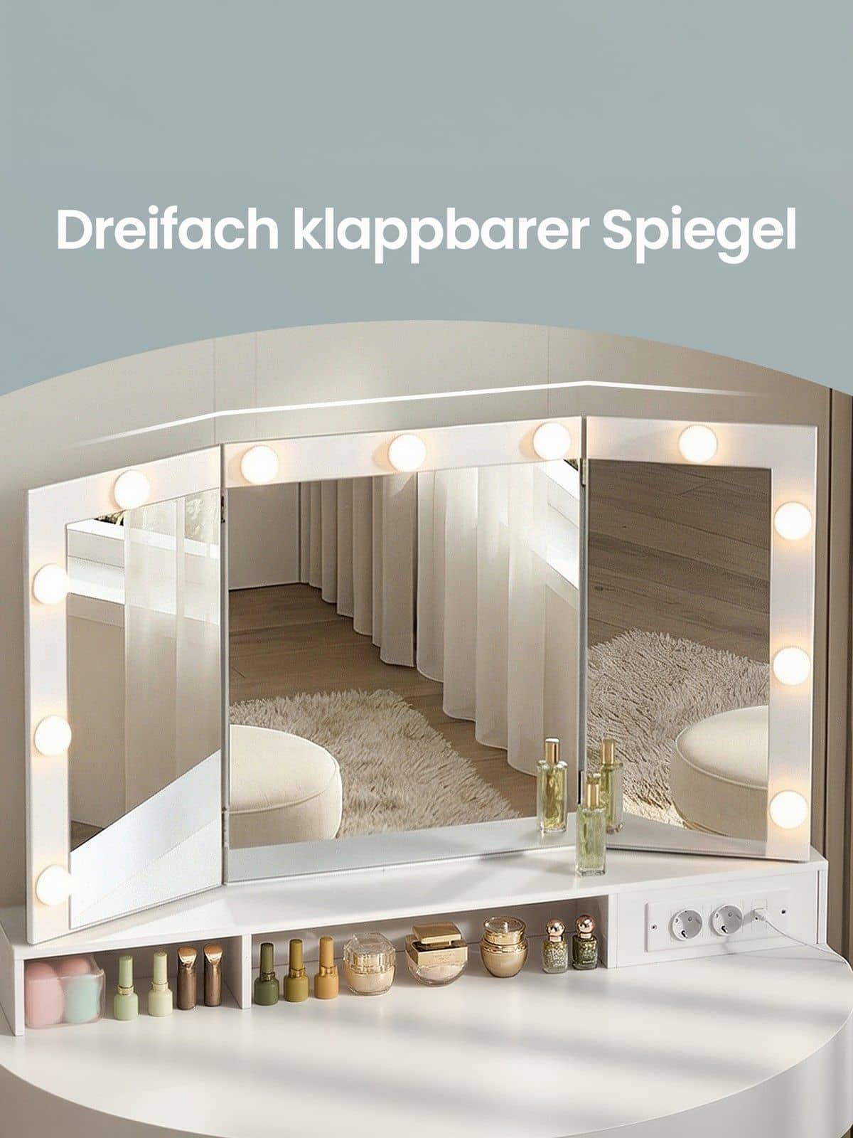 Schminktisch mit LED-Beleuchtung, Frisiertisch mit Klappspiegel, Schubladen